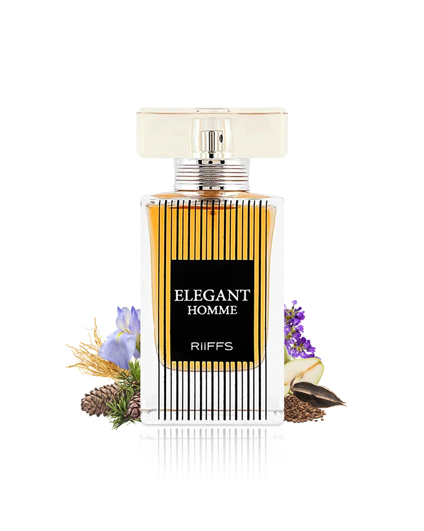 elegant homme by riiffs perfume bottle surrounded with its ingredients like iris and lavender with many others shows from behind the bottle against white background