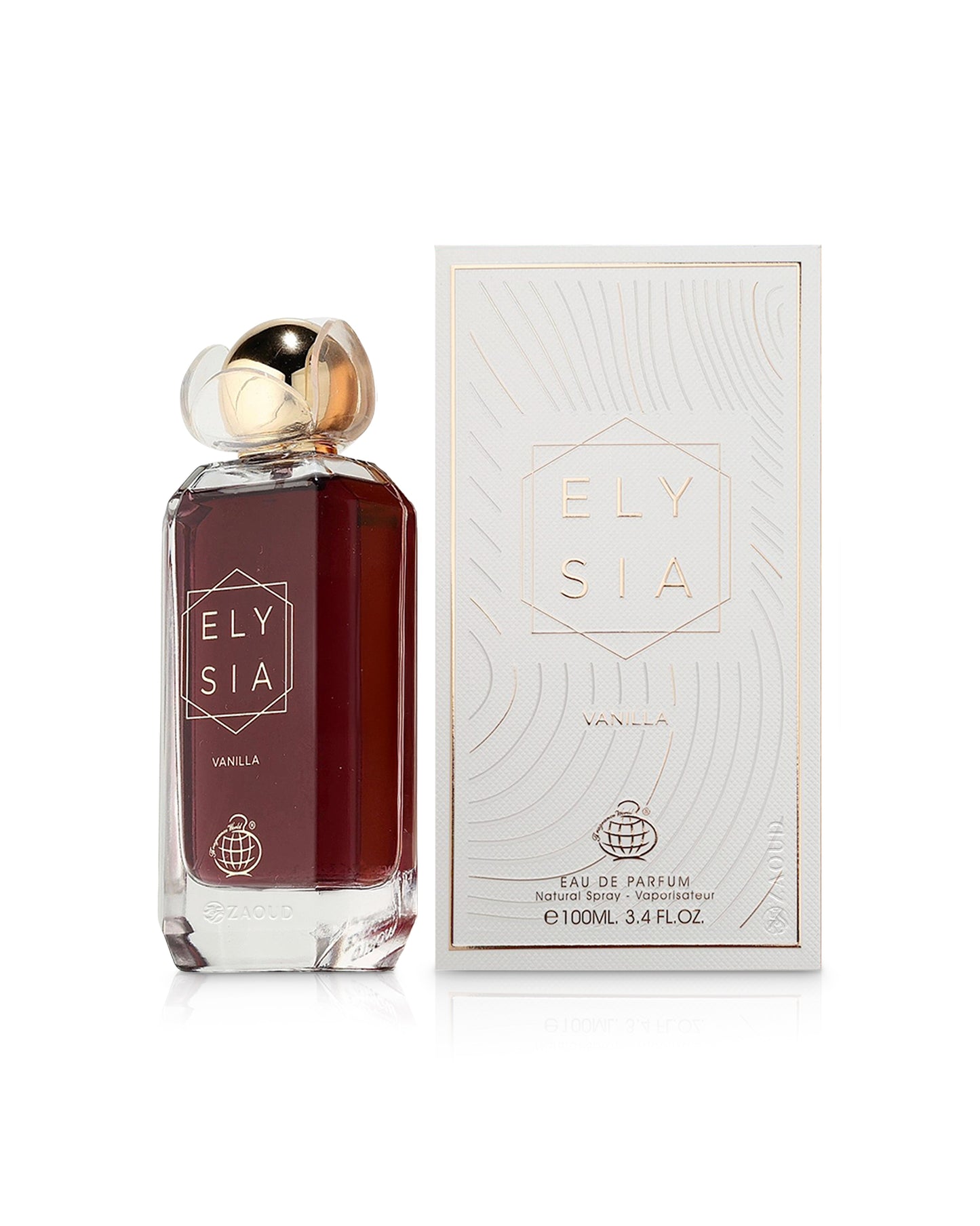 fragrance world elysia vanilla perfume bottle shows beside its box against white background