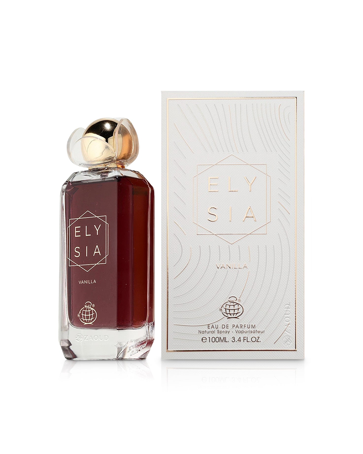 fragrance world elysia vanilla perfume bottle shows beside its box against white background