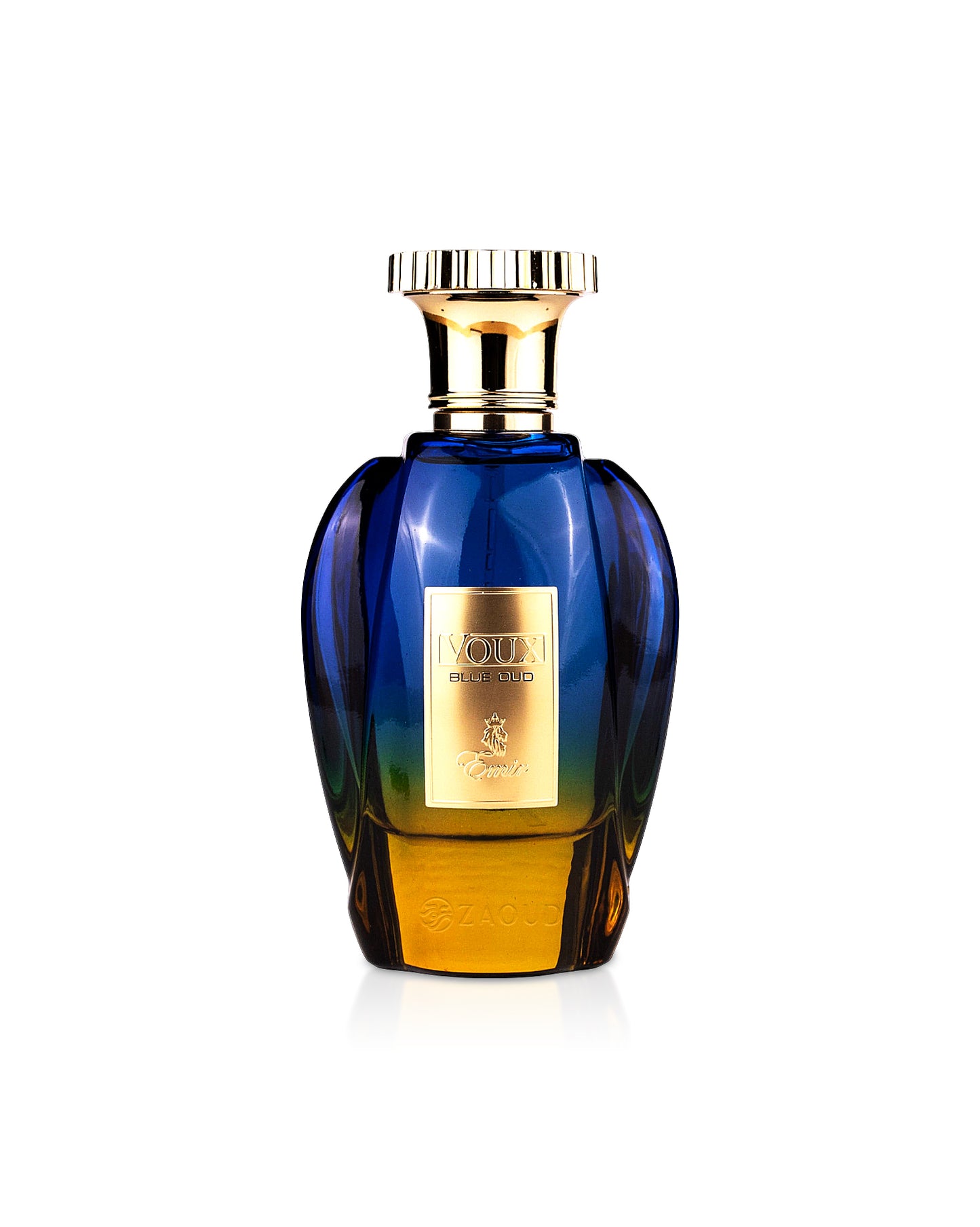 emir voux blue oud perfume bottle shows against white background