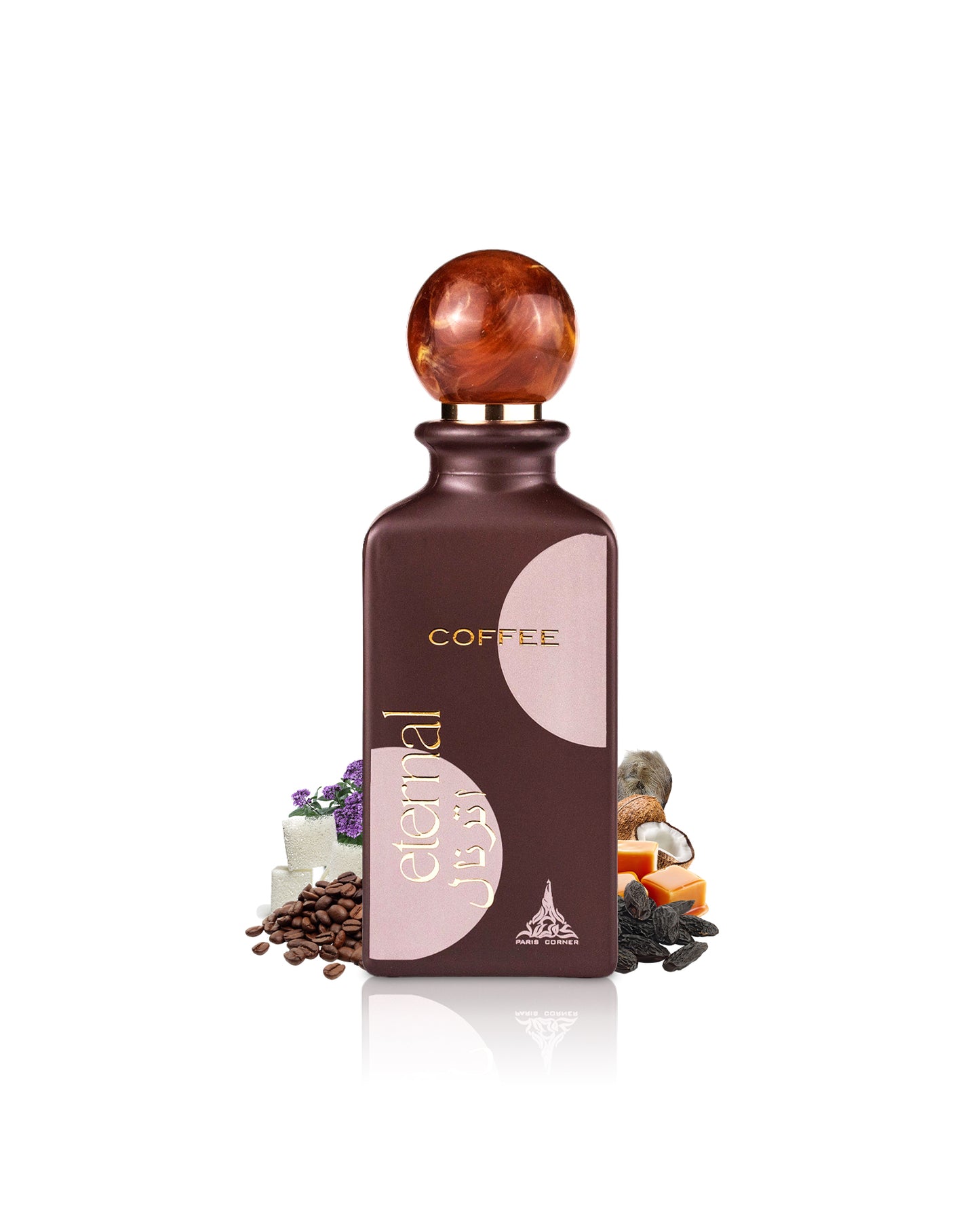 paris corner eternal coffee perfume bottle surrounded with its fragrance notes like coffee and caramel shows from behind the bottle against white background