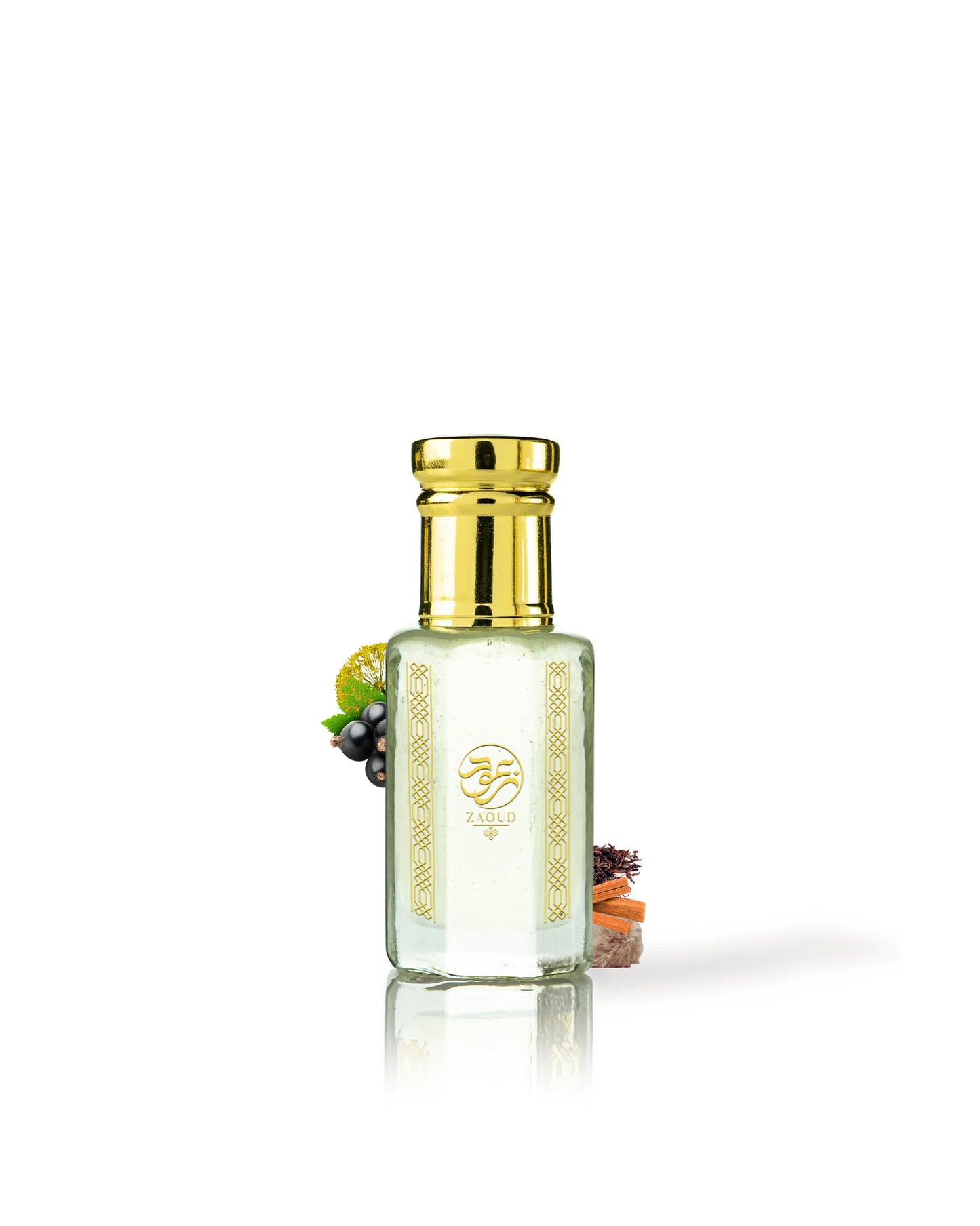evermist perfume oil bottle surrounded with fragranc enotes like musk and black current shows against white background