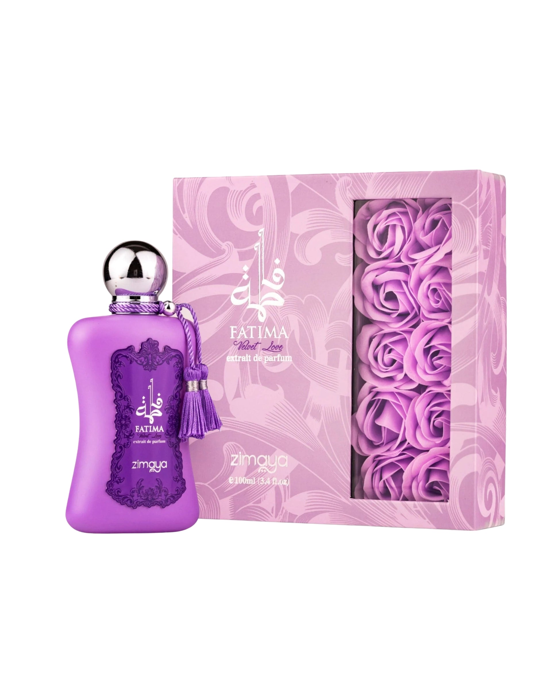 fatima velvet love extrait de parfum perfume bottle and box against white background