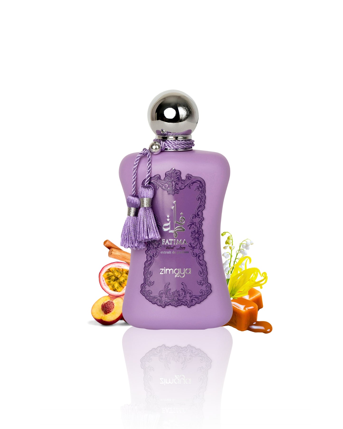 fatima velvet love extrait de parfum perfume bottle surrounded by passionfruit vanilla against white background