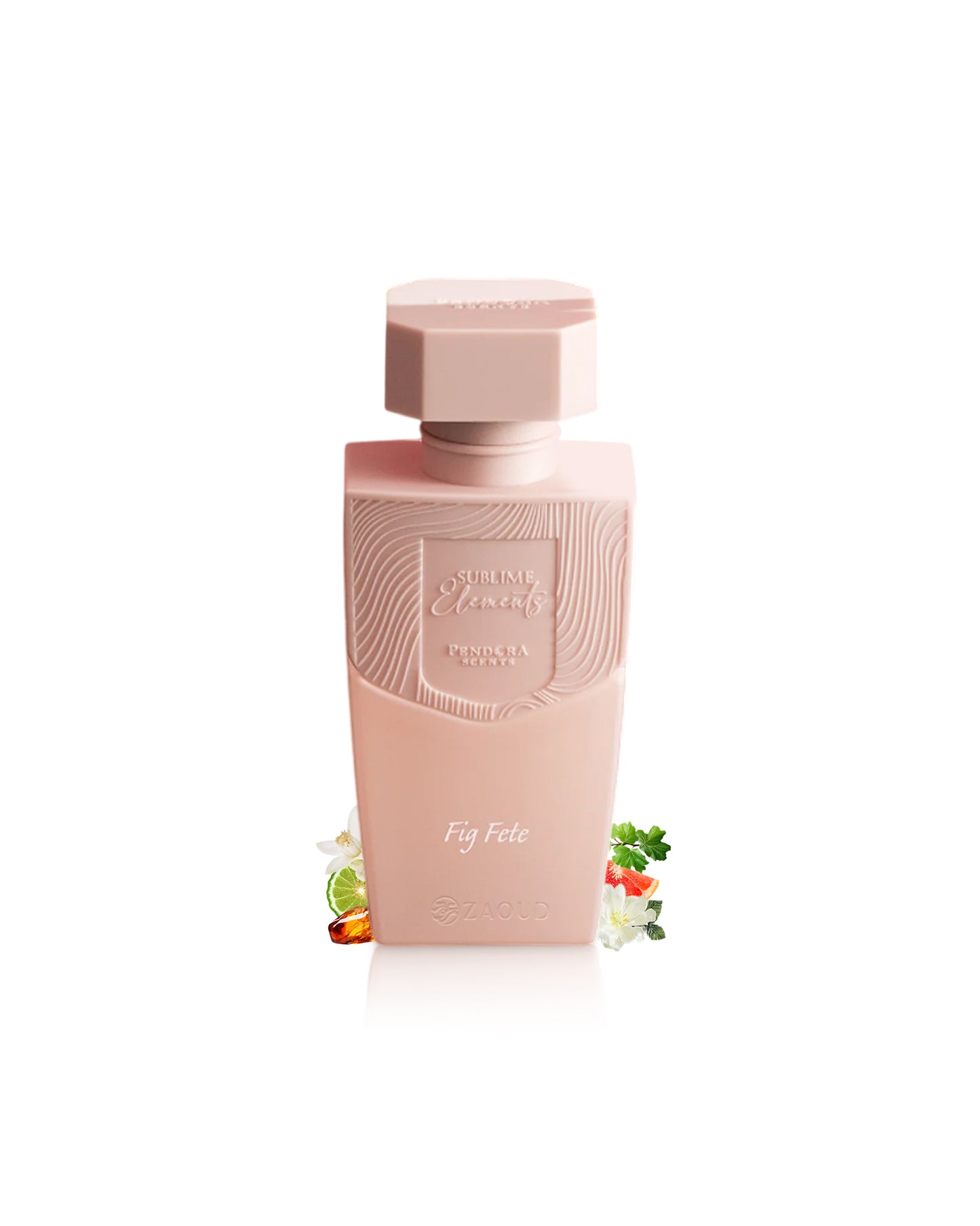 paris corner fig fete perfume bottle surrounded with fragrance notes like bergamot and lotus  shows against white background