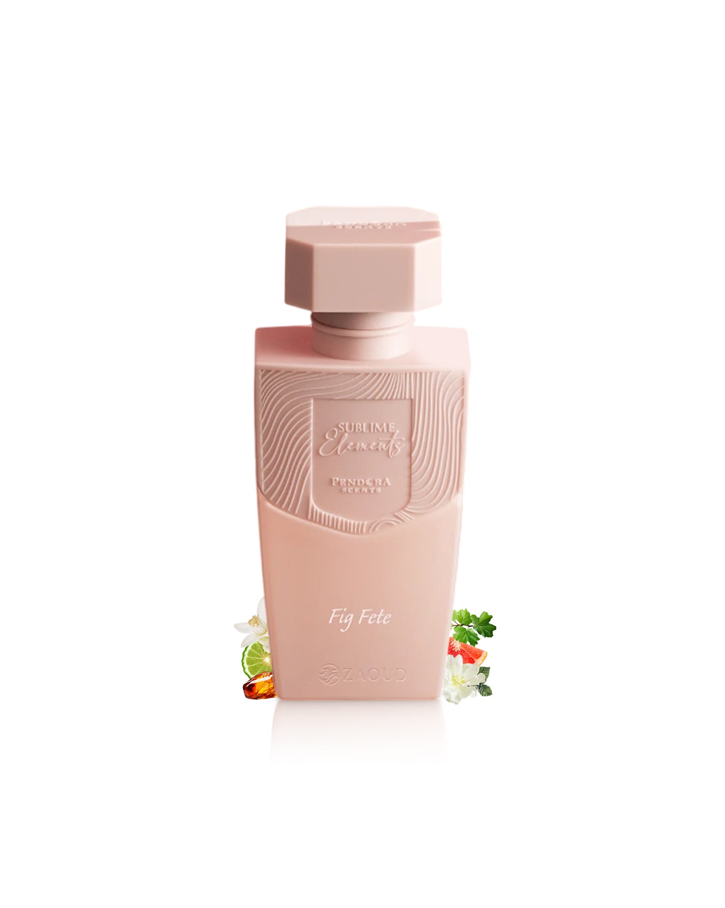 paris corner fig fete perfume bottle surrounded with fragrance notes like bergamot and lotus  shows against white background
