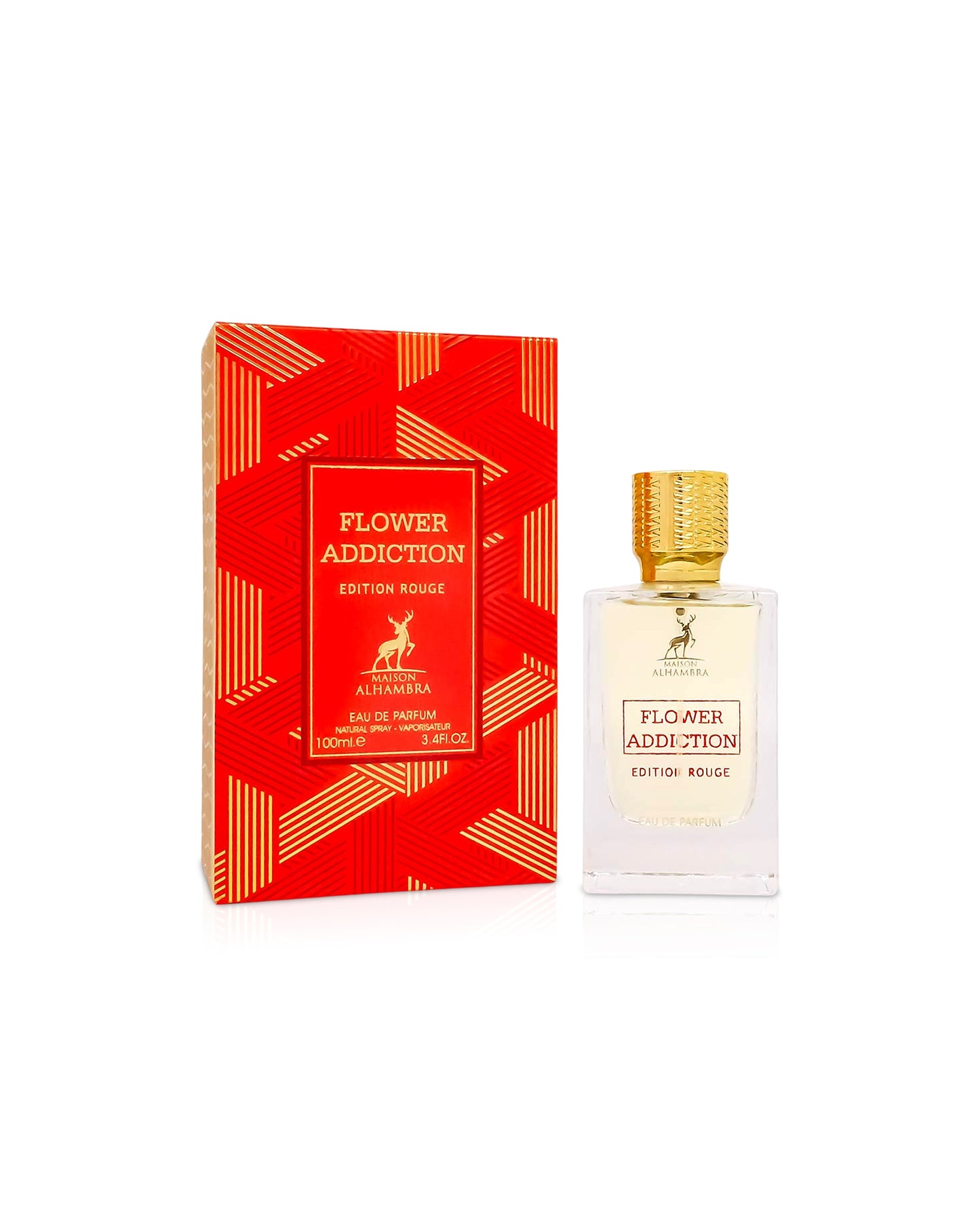 FLOWER ADDICTION EDITION ROUGE by maison alhambra perfume bottle shows beside its box against white background