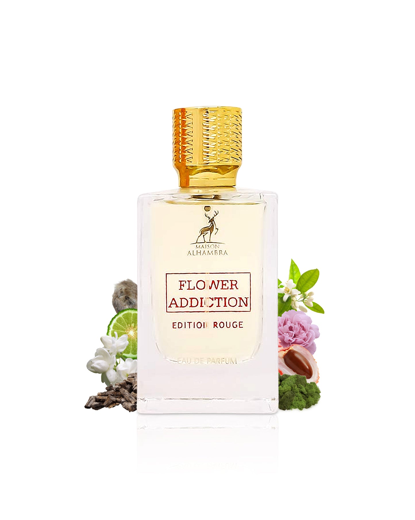 FLOWER ADDICTION EDITION ROUGE by maison alhambra perfume bottle surrounded with its ingredients like litchi and peony with many others shows from behind the bottle against white background