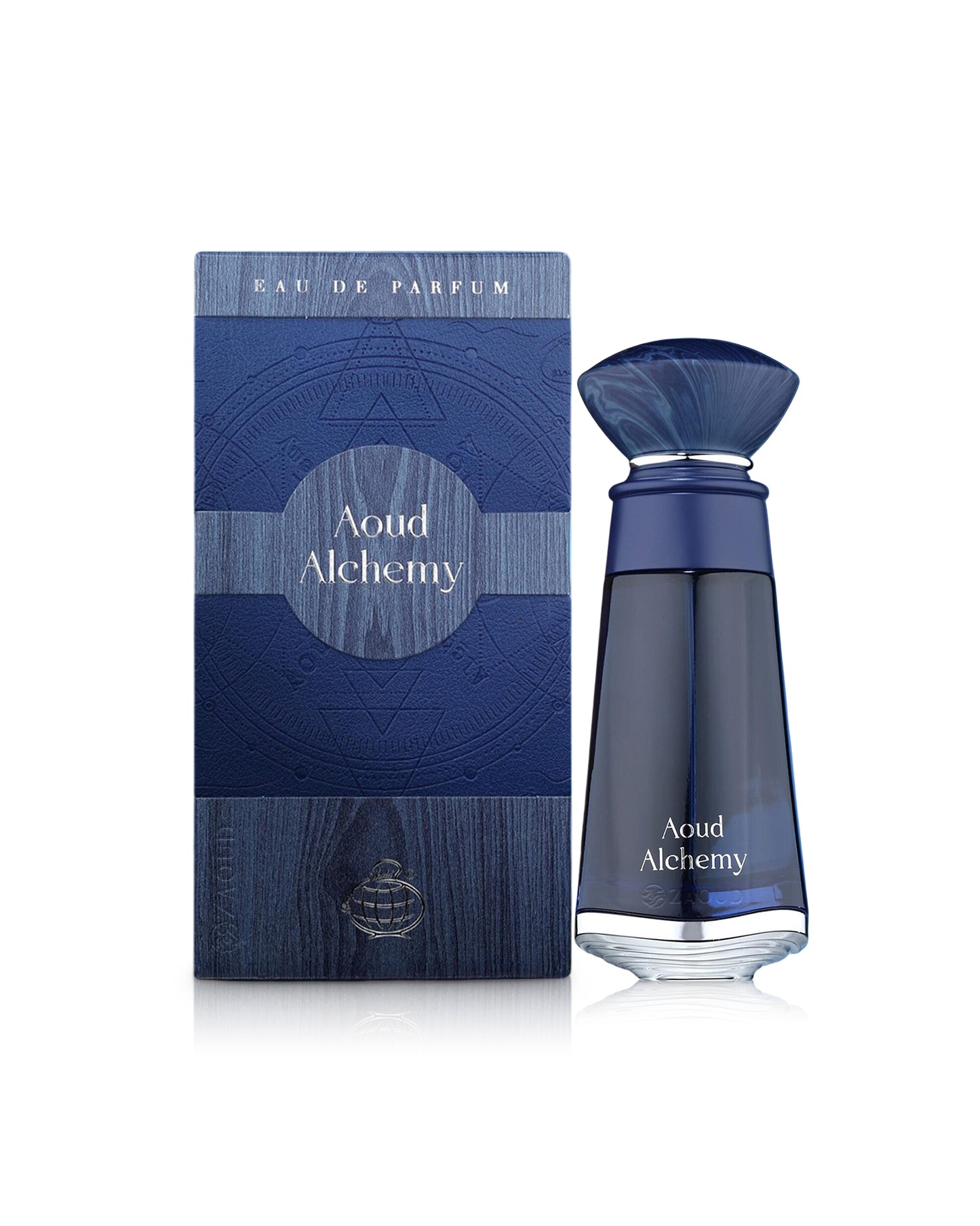fragrance world aoud alchamy perfume bottle shows beside its box against white background