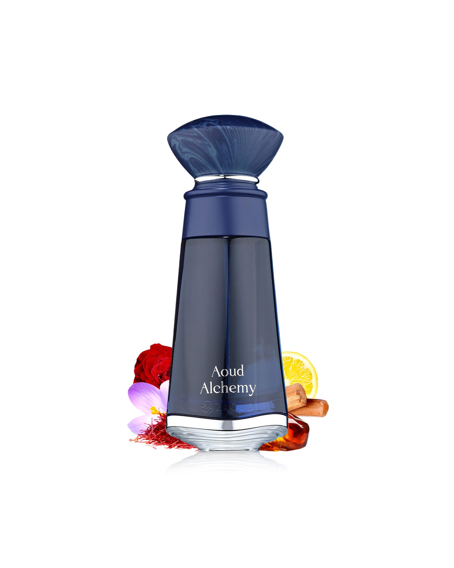 fragrance world aoud alchamy perfume bottle surrounded with fragrance notes like amber and saffron shows against white background