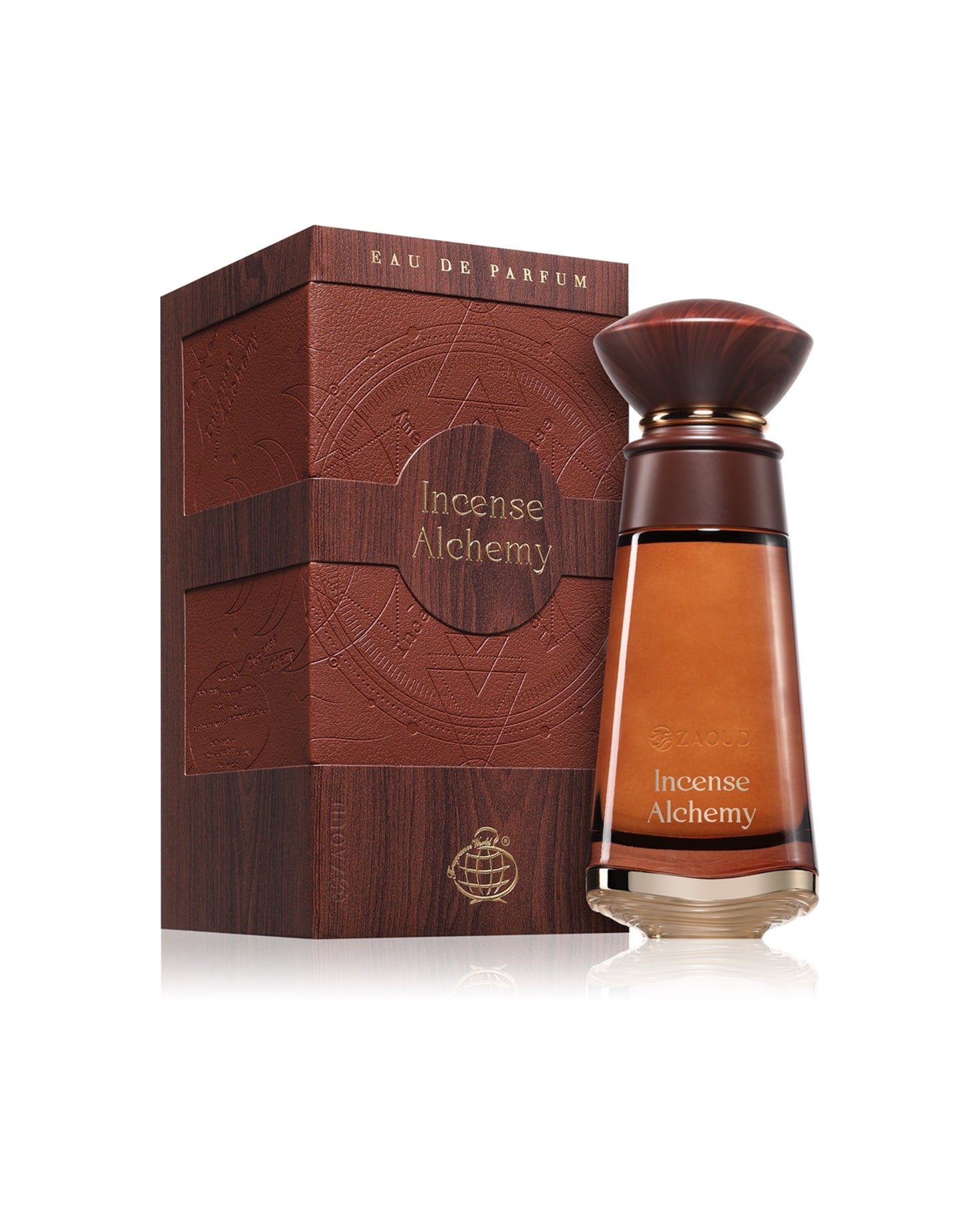 fragrance world incense alchemy perfume bottle shows beside its box against white background