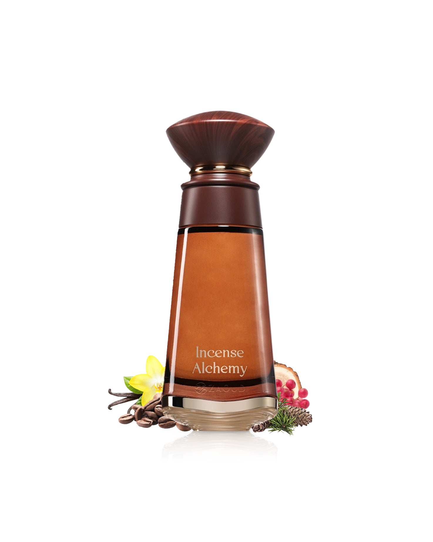 fragrance world incense alchemy perfume bottle surrounded with fragrance notes like coffee and vanilla shows against white background