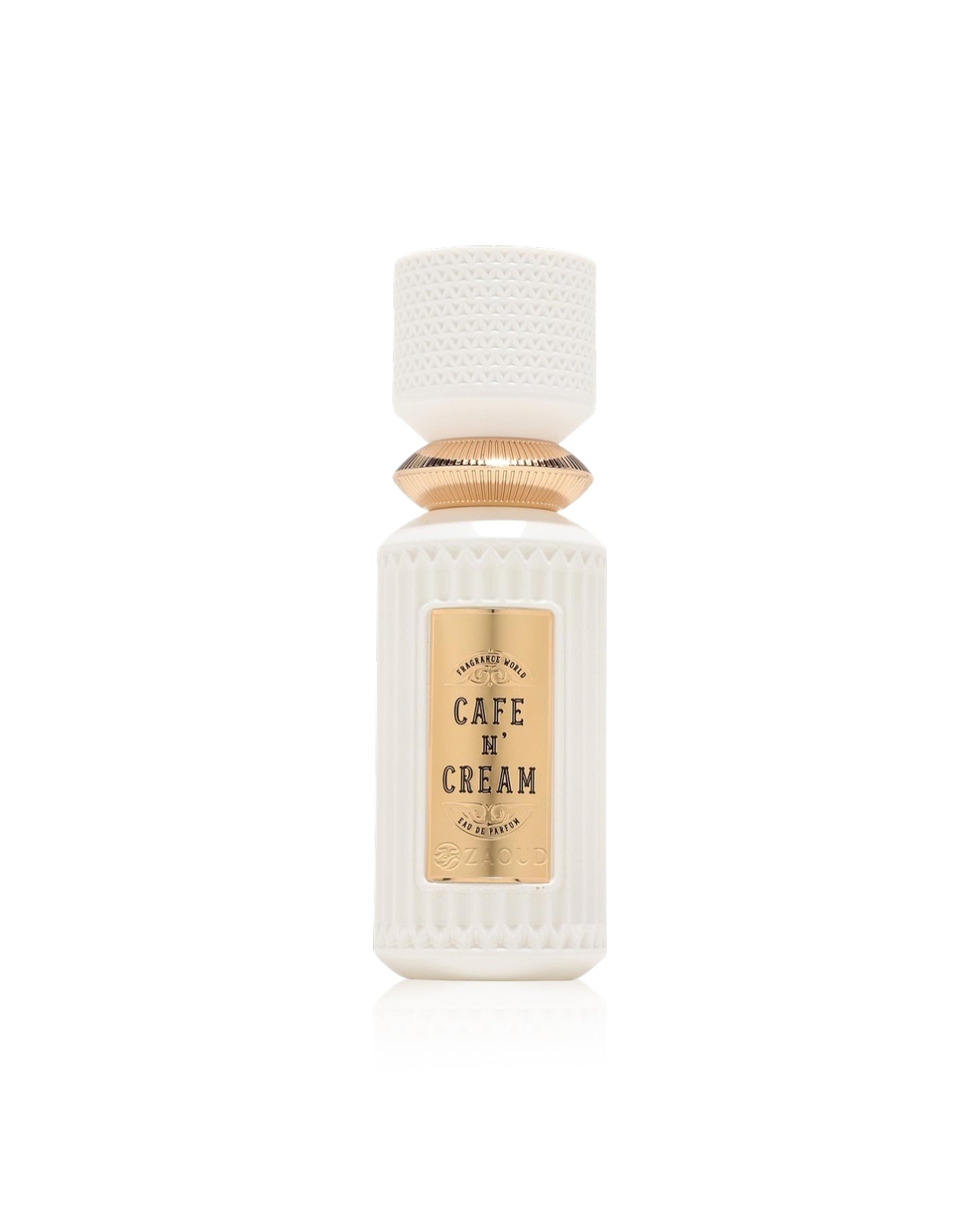 fragrance world cafe n' cream Perfume bottle labeled 'Cafe N' Cream' with textured white design on a white background