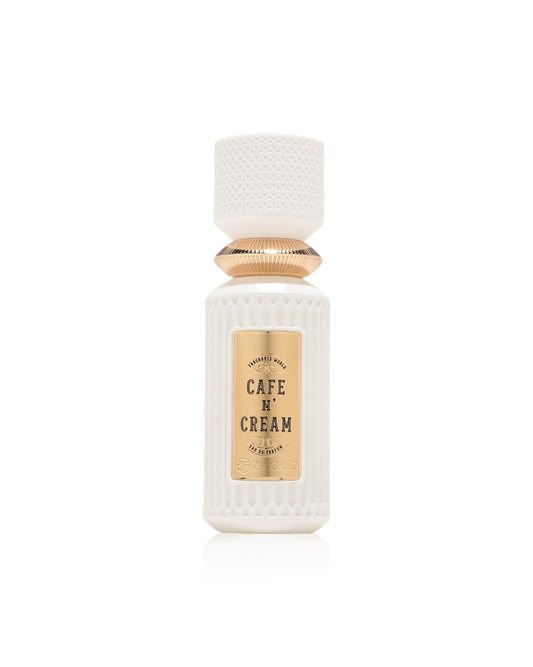 fragrance world cafe n' cream Perfume bottle labeled 'Cafe N' Cream' with textured white design on a white background