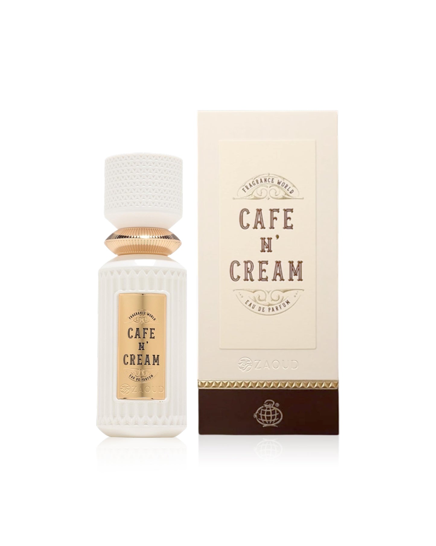 fragrance world cafe n' cream perfume bottle and packaging on a white background