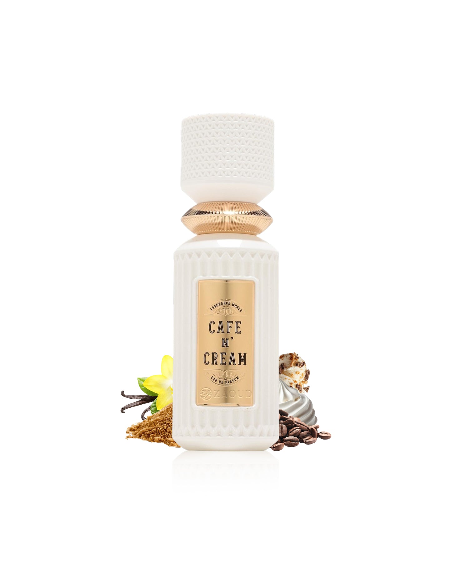 fragrance world cafe n' cream Perfume bottle labeled 'Cafe N' Cream' with vanilla beans, coffee beans, and gold elements on a white background