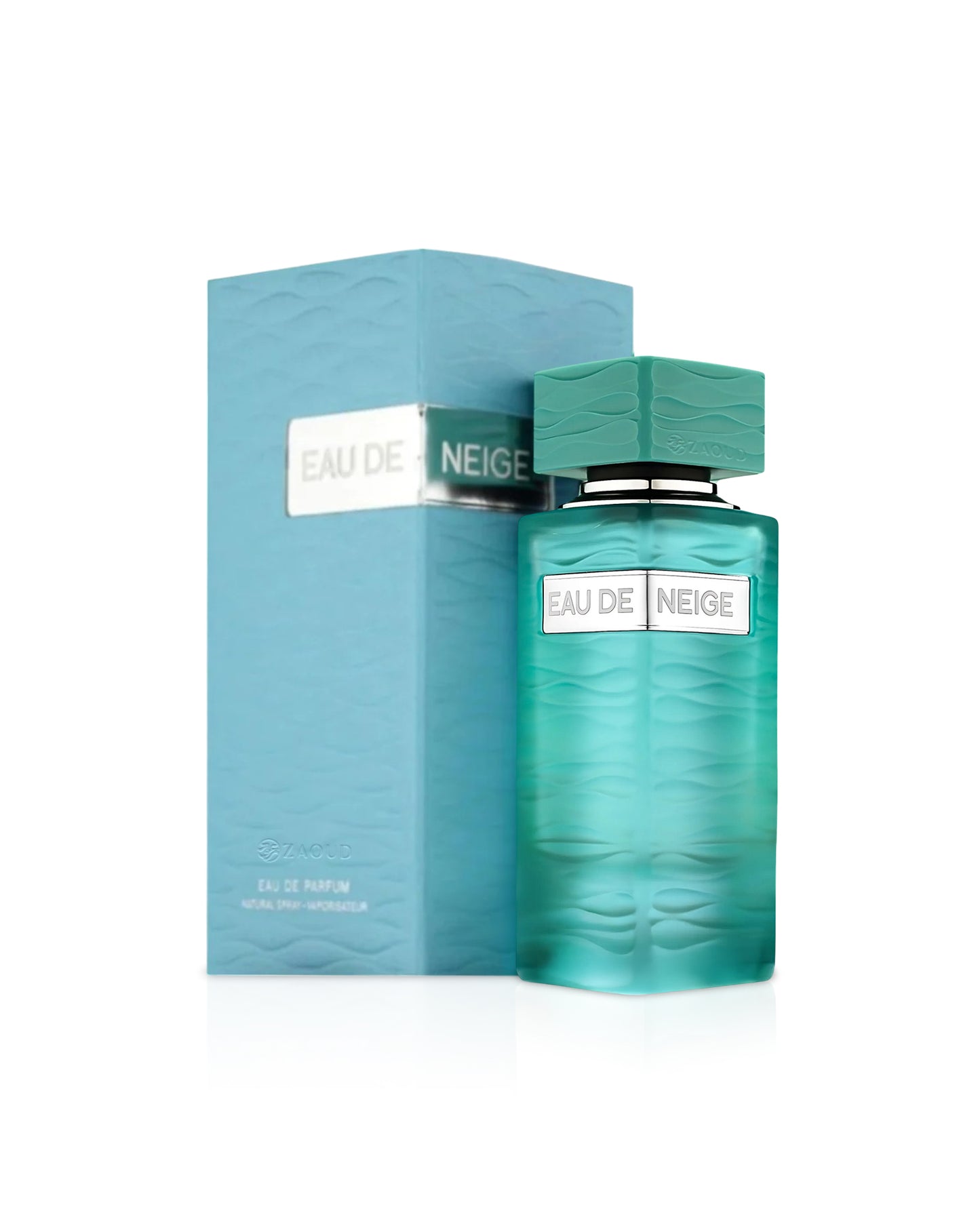 fragrance world Teal perfume bottle and packaging with 'Eau de Neige' text on a white background