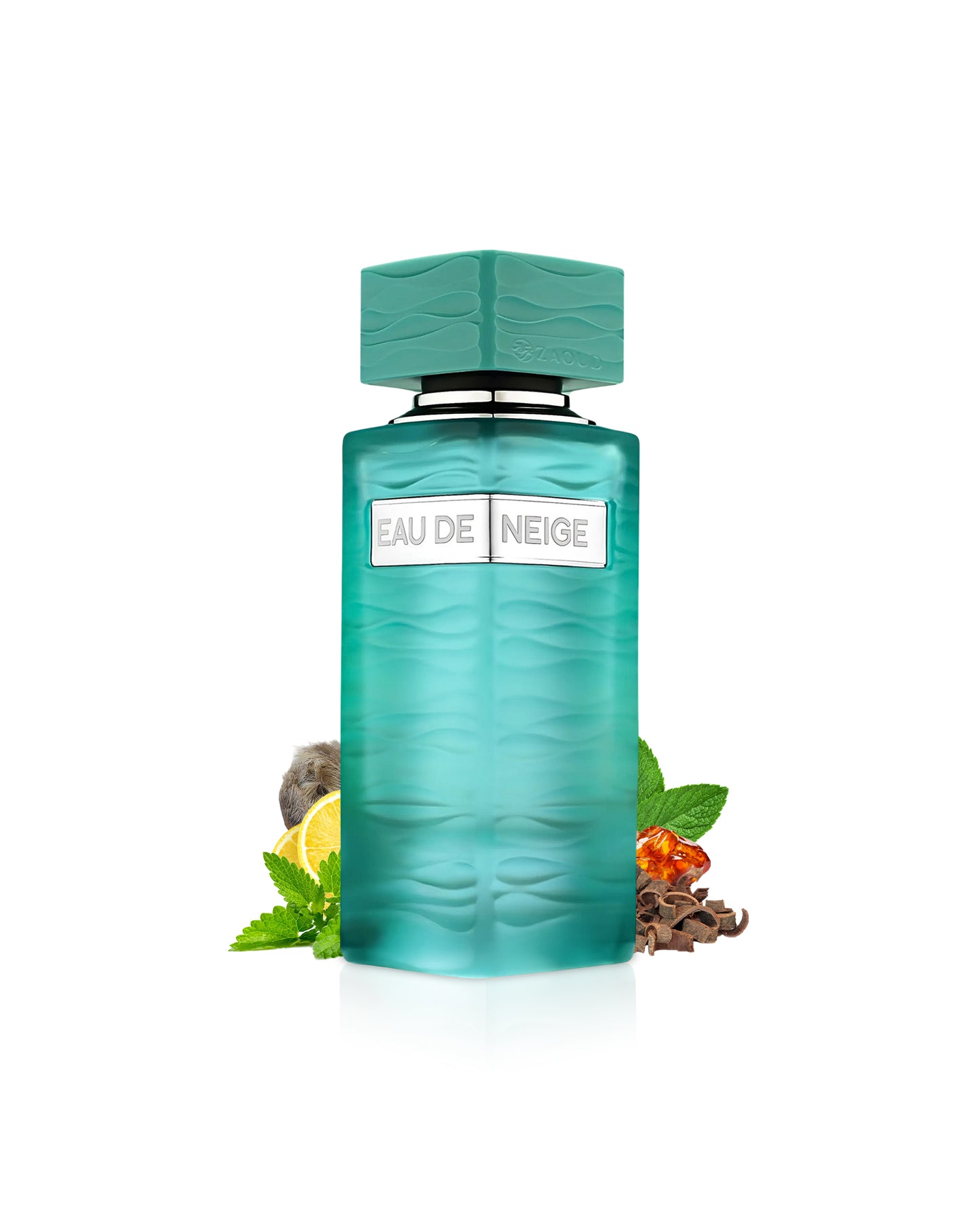 fragrance world eau de neige perfume bottle surrounded by fragrance notes like mint and amber shows against white background