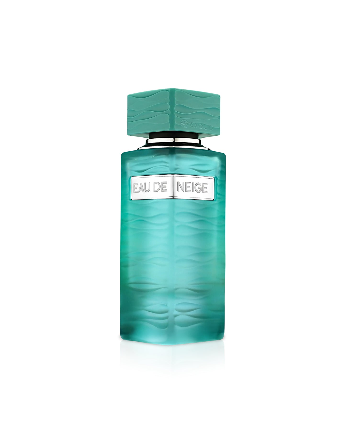 fragrance world Teal perfume bottle with 'Eau de Neige' label on a white background