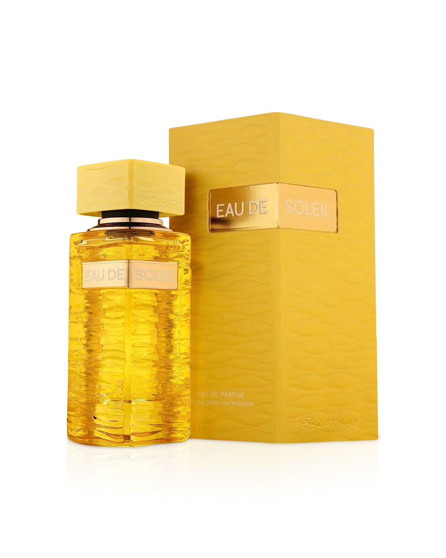 fragrance world eau de soleil Yellow perfume bottle and packaging on a white background