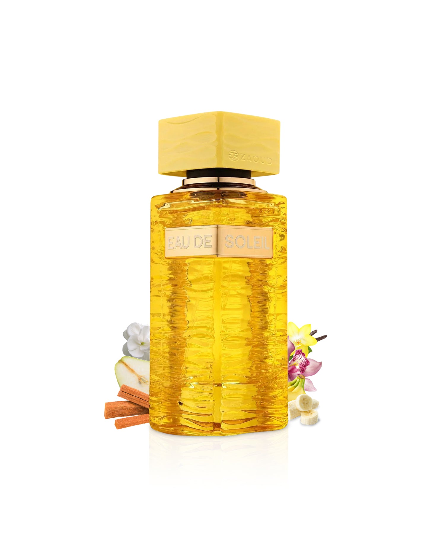 fragrance world eau de soleil Yellow perfume bottle with floral decorations like banana and pear on a white background