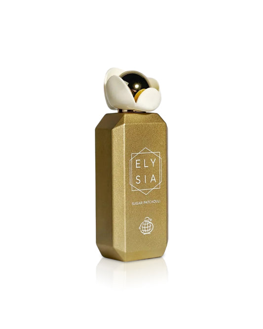 fragrance world elysia sugar patchouli perfume bottle shows against white background