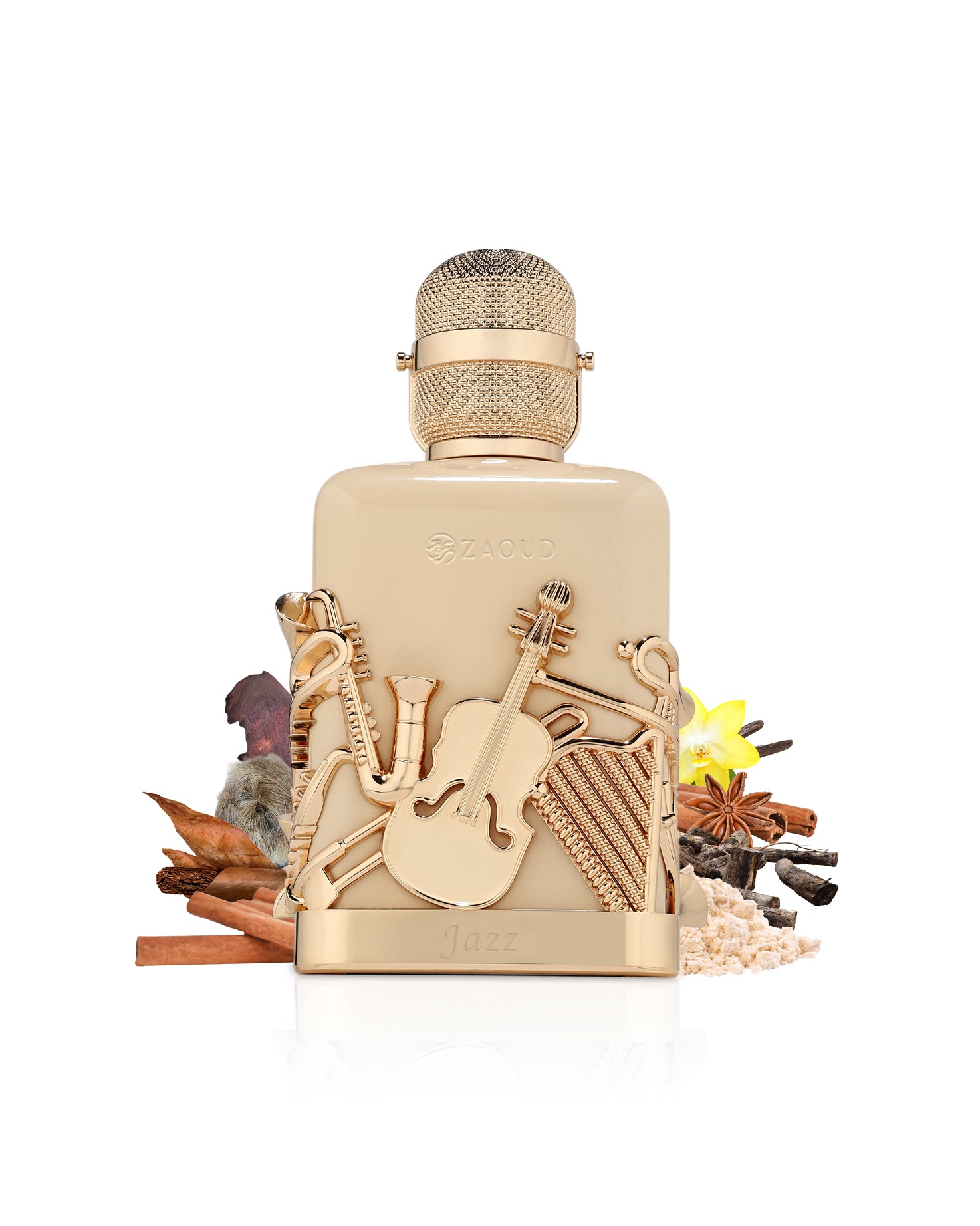 fragrance world notes jazz Decorative bottle with musical instruments and a microphone on a white background
