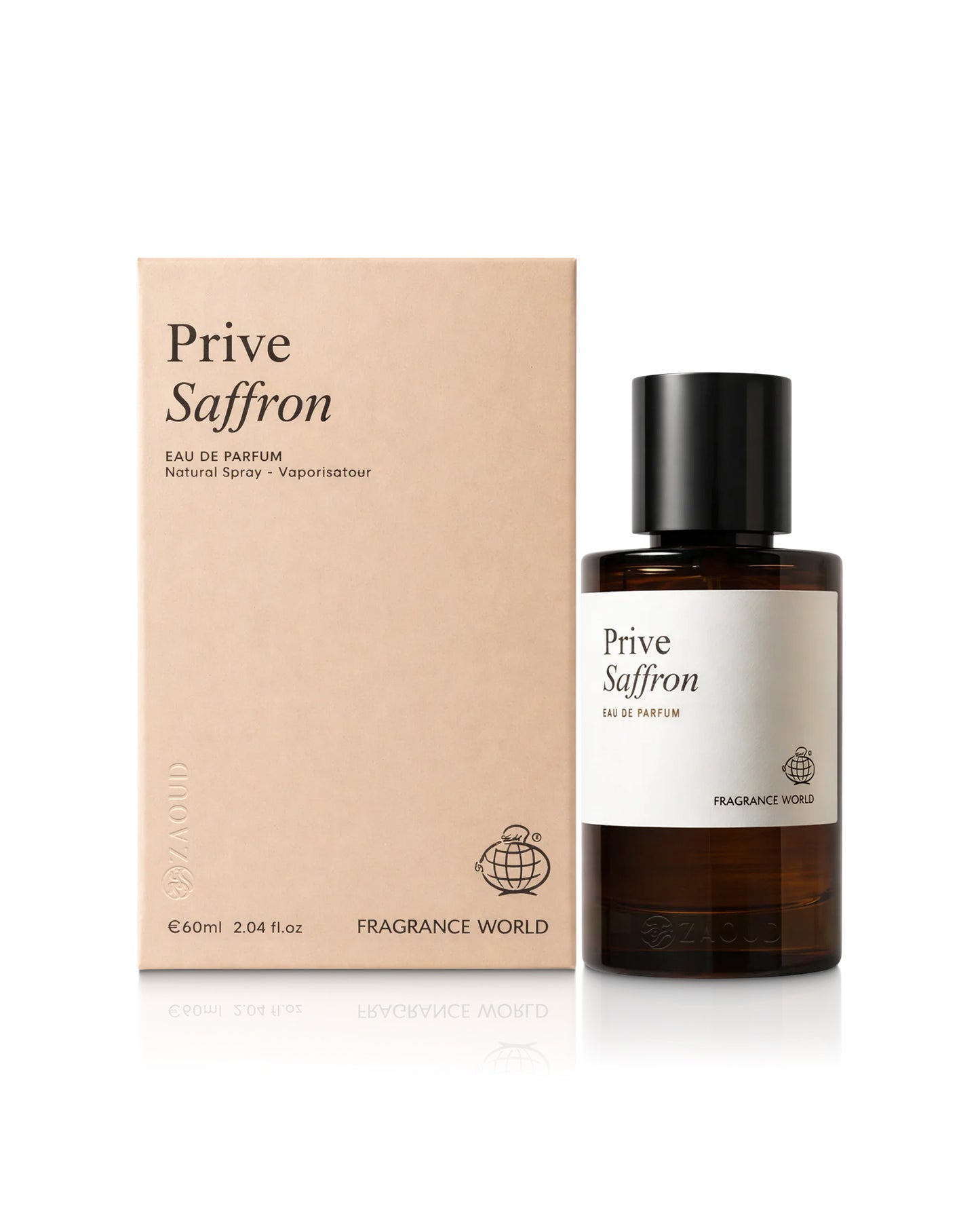 fragrance world prive saffron perfume bottle shows beside its packaging against white background