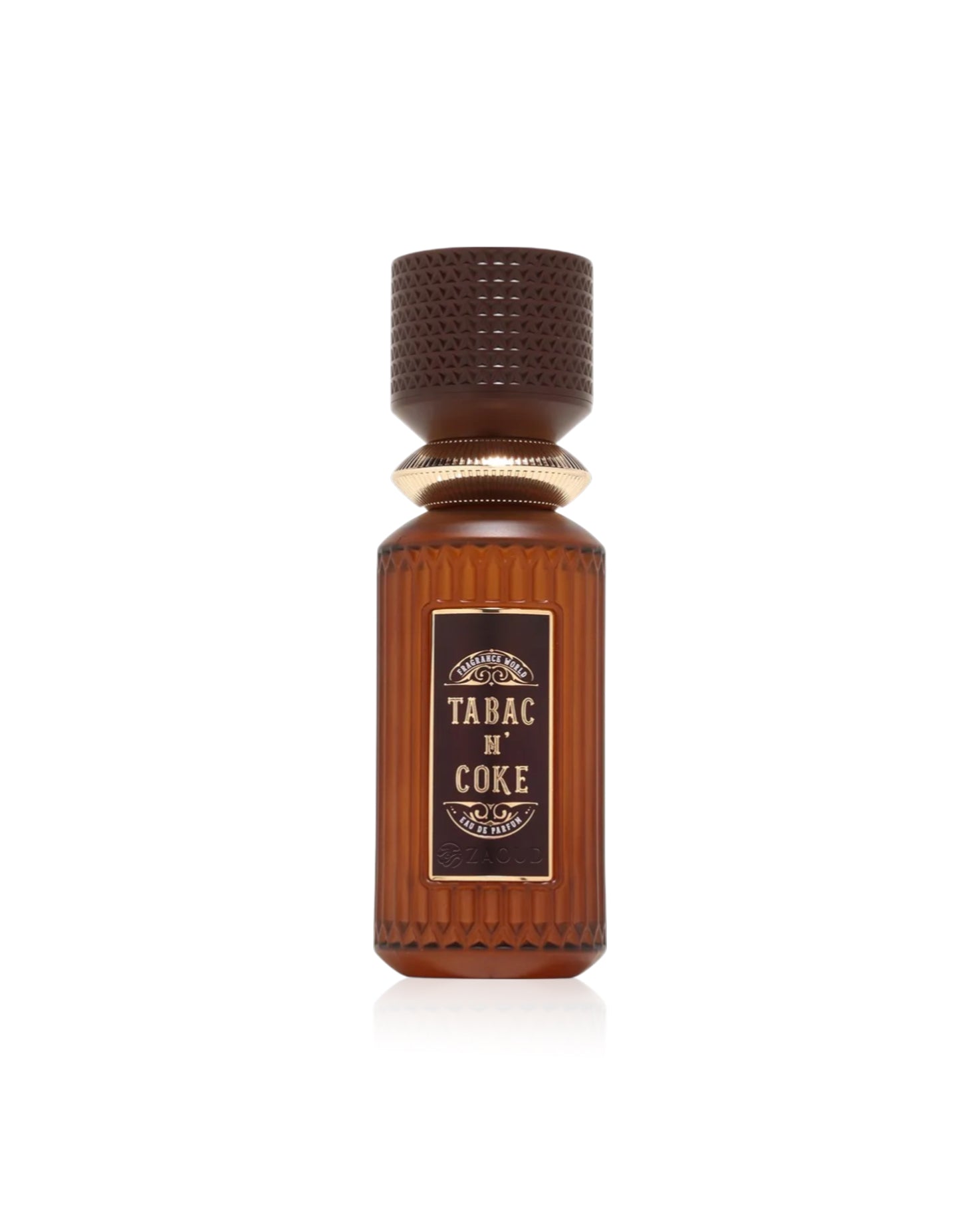 fragrance world tabac n' coke Brown bottle with textured cap on a white background