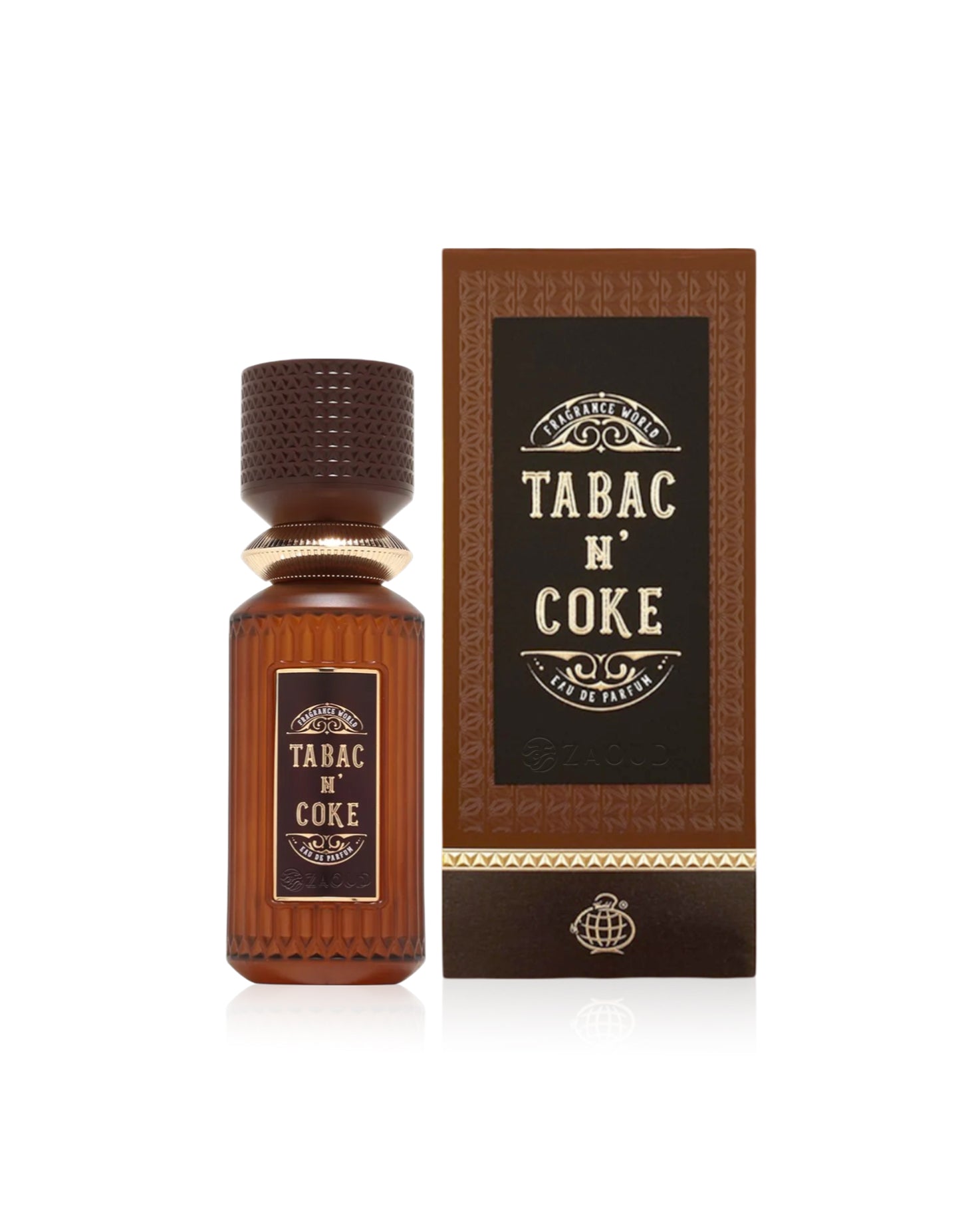 fragrance world tabac n' coke perfume bottle and packaging on a white background