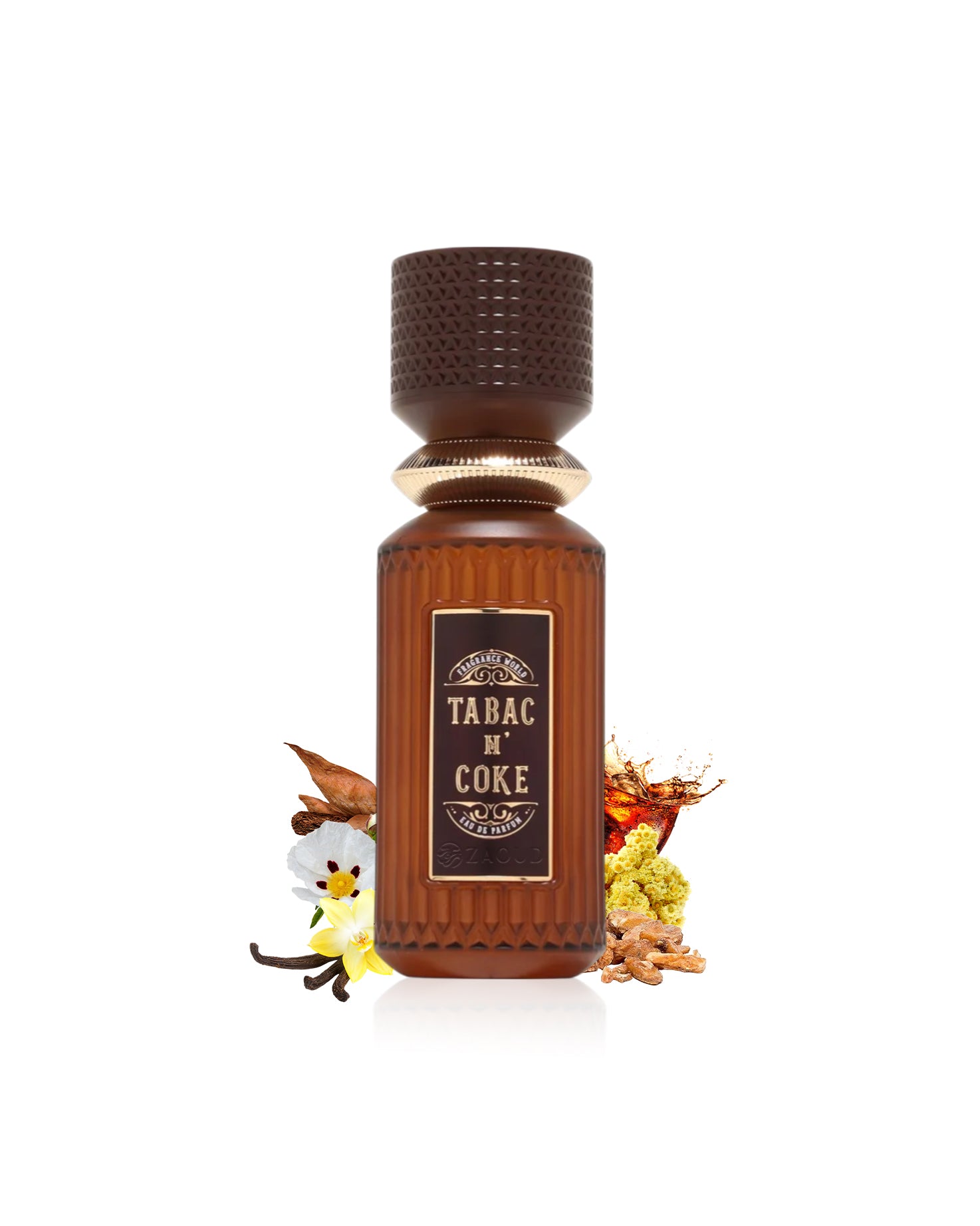 fragrance world tabac n' coke Brown bottle labeled 'Tabac n' Cècile' with decorative elements on a white background