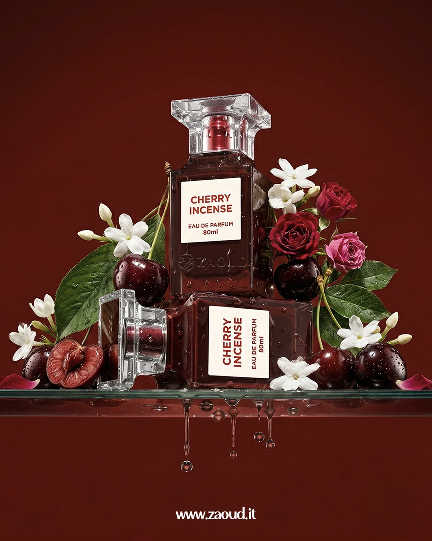 Cherry Incense perfume bottle by Fragrance World with cherries, flowers, and water droplets on a red background, showcasing a smoky sweet fragrance aesthetic.