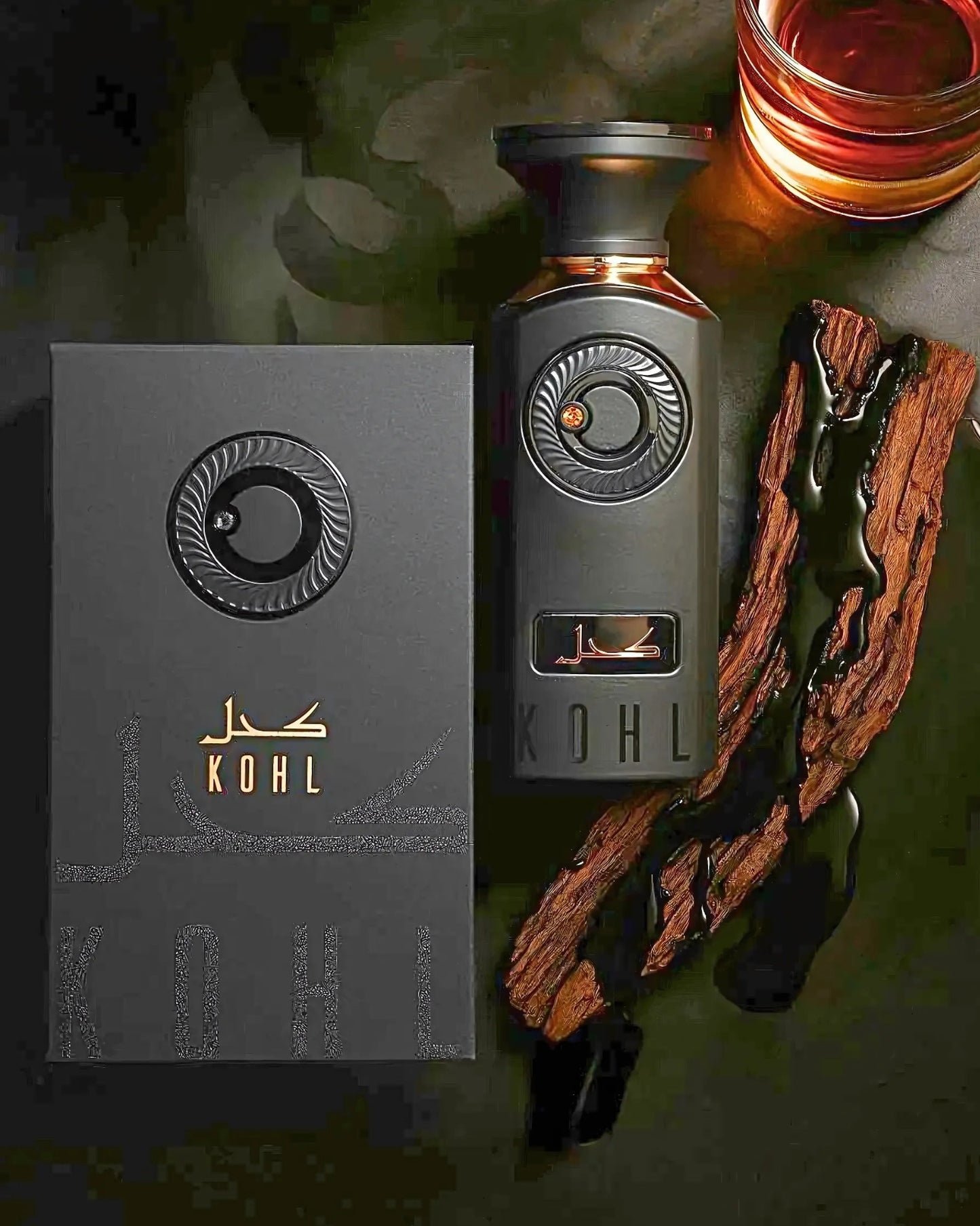 fragrance world Kohl perfume bottle with packaging and wooden elements on a dark background