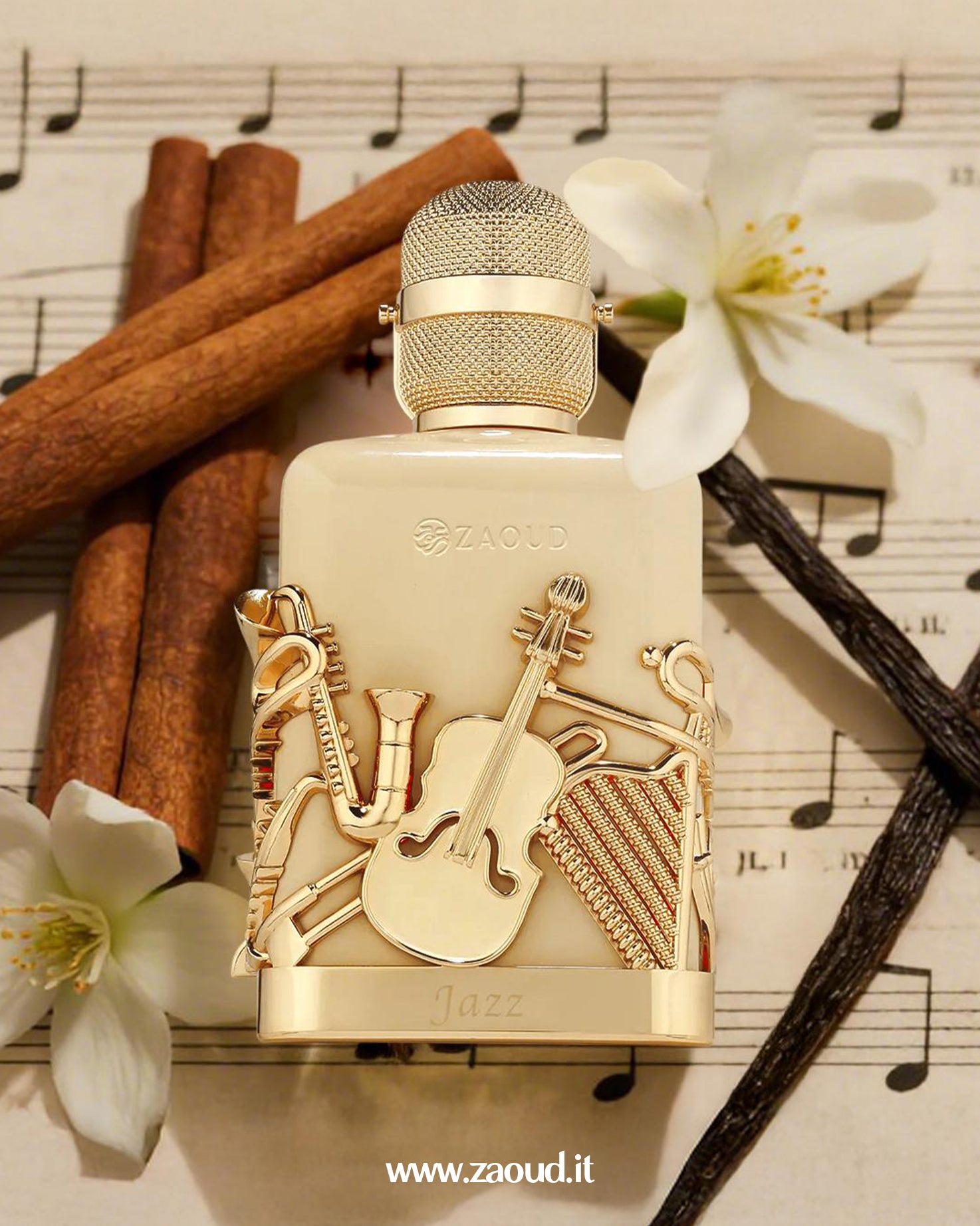 fragrance world notes jazz Perfume bottle with decorative elements on a sheet of music with cinnamon sticks and flowers.