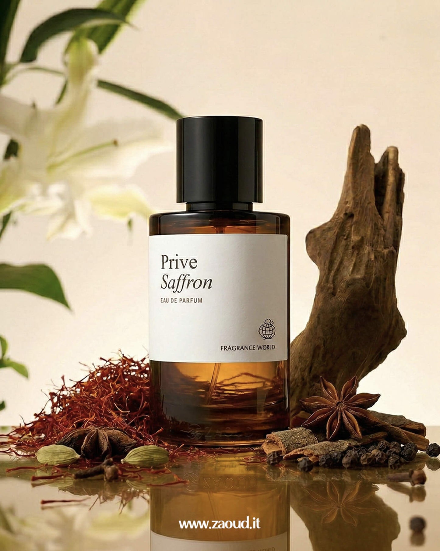 Fragrance World Prive Saffron perfume bottle with saffron threads, spices, and woody elements representing a warm saffron oriental fragrance.