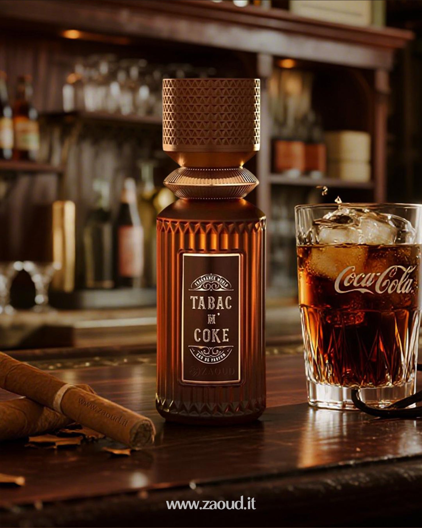 Brown bottle labeled 'Tabac N Coke' on a bar counter with a glass of Coca-Cola.