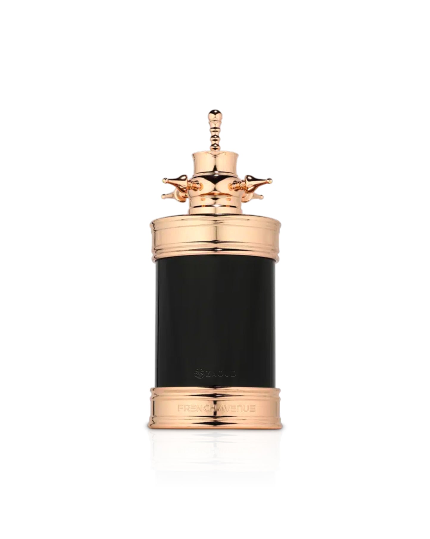 french avenue axis Black and gold cylindrical container with decorative top on a white background
