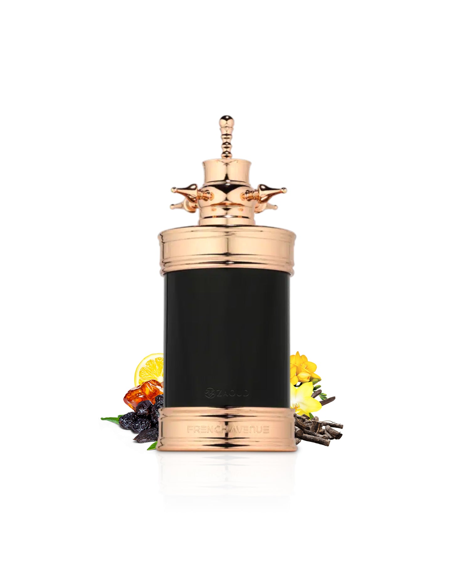 french avenue axis Decorative bottle with gold top and black body surrounded by vanilla and amber on a white background