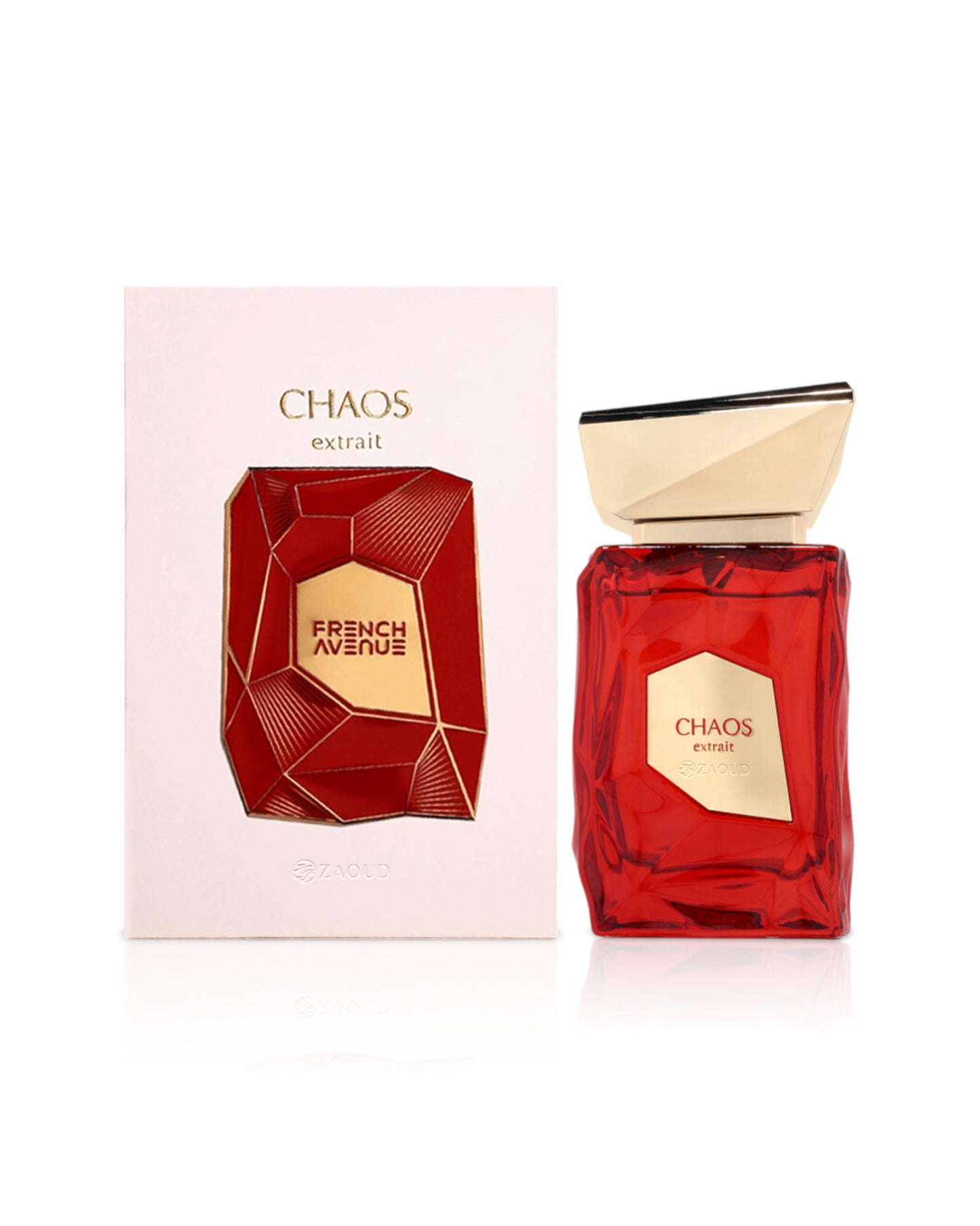 french avenue chaos extrait Red perfume bottle and packaging with 'French Avenue' branding on a white background