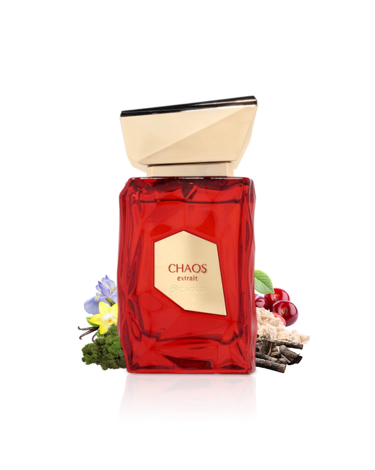 french avenue chaos extrait Red perfume bottle labeled 'Chaos' with decorative elements like vanilla and cherry on a white background