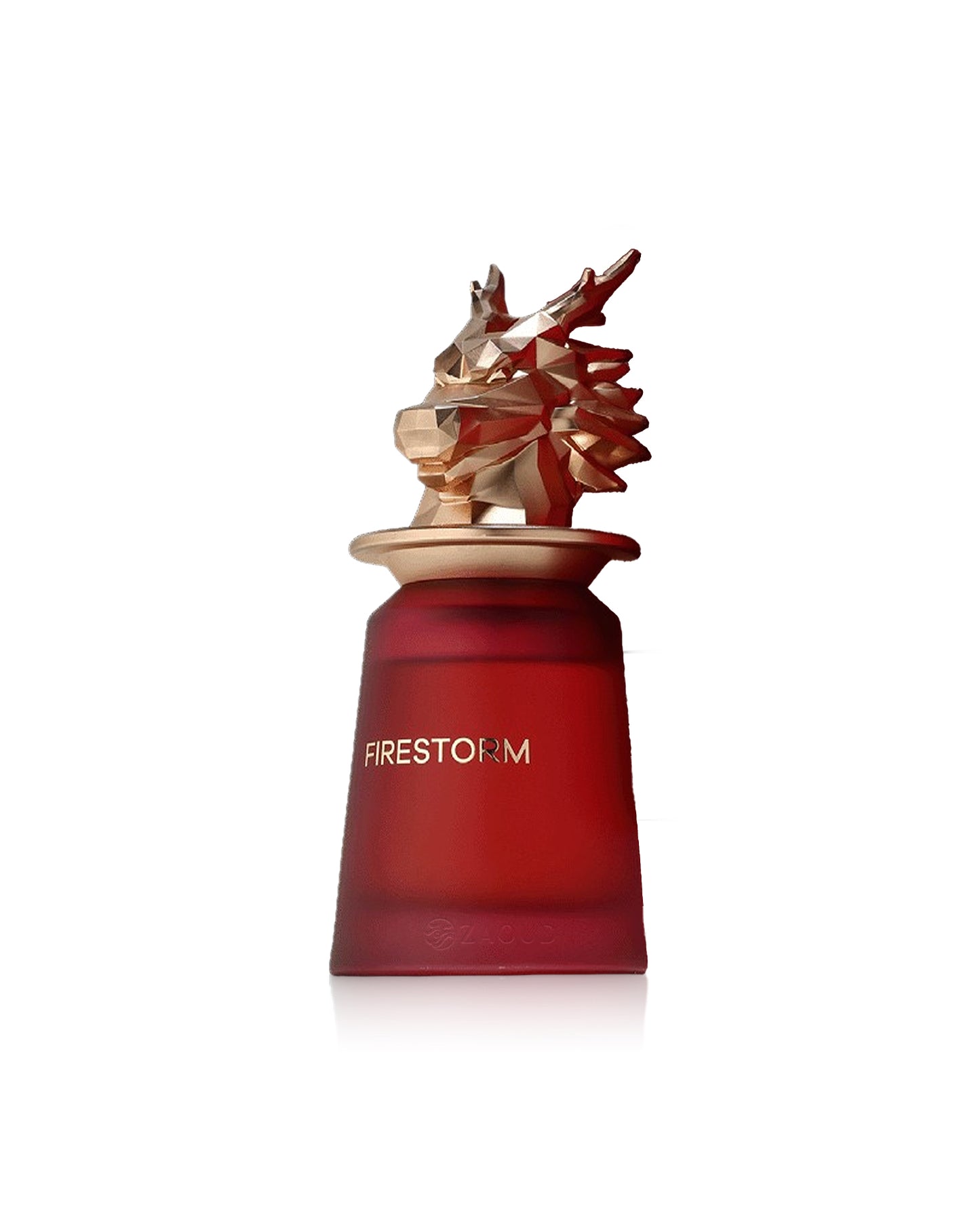 french avenue firestorm Red perfume bottle with a gold cap on a white background