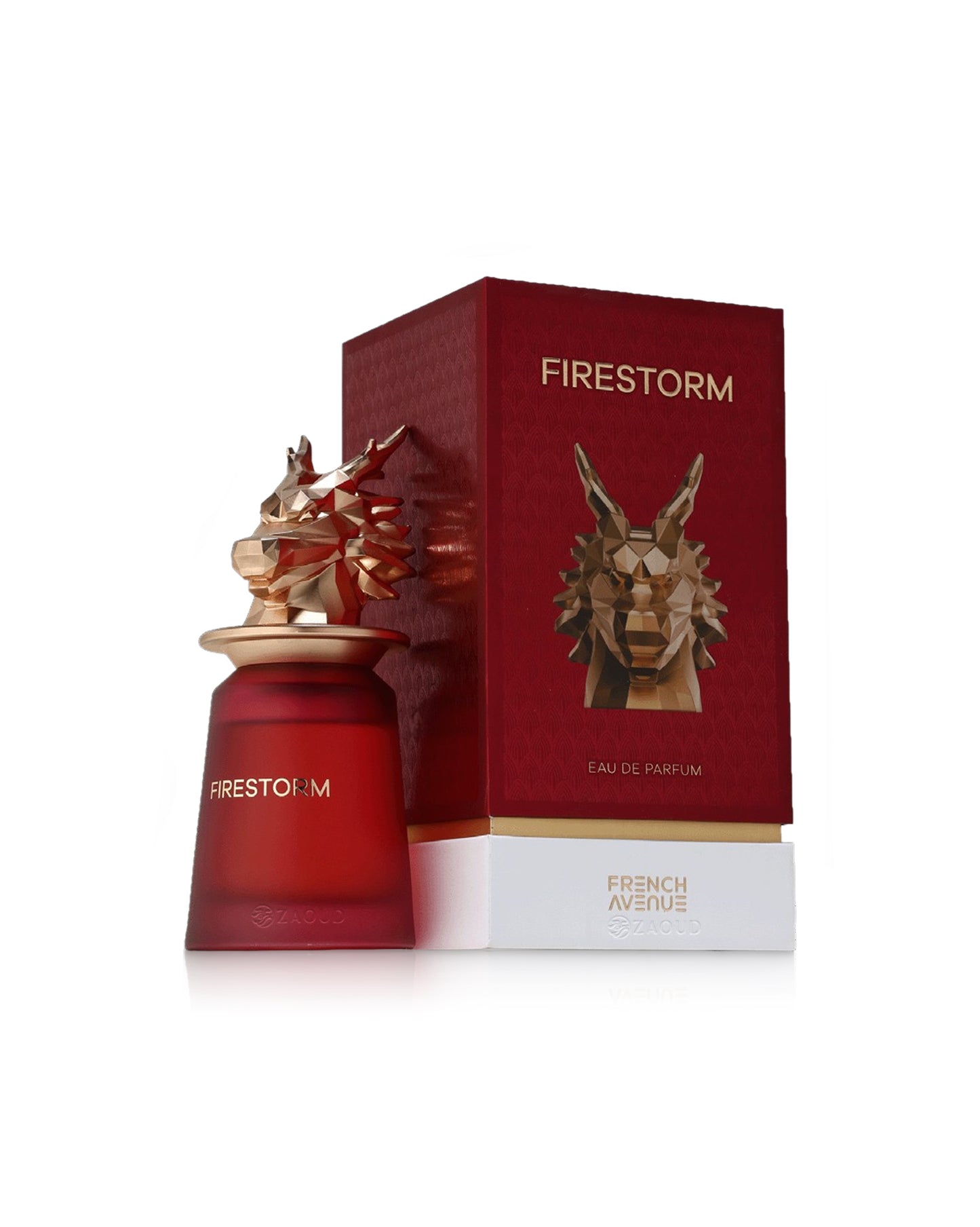 french avenue Firestorm perfume bottle and packaging on a white background