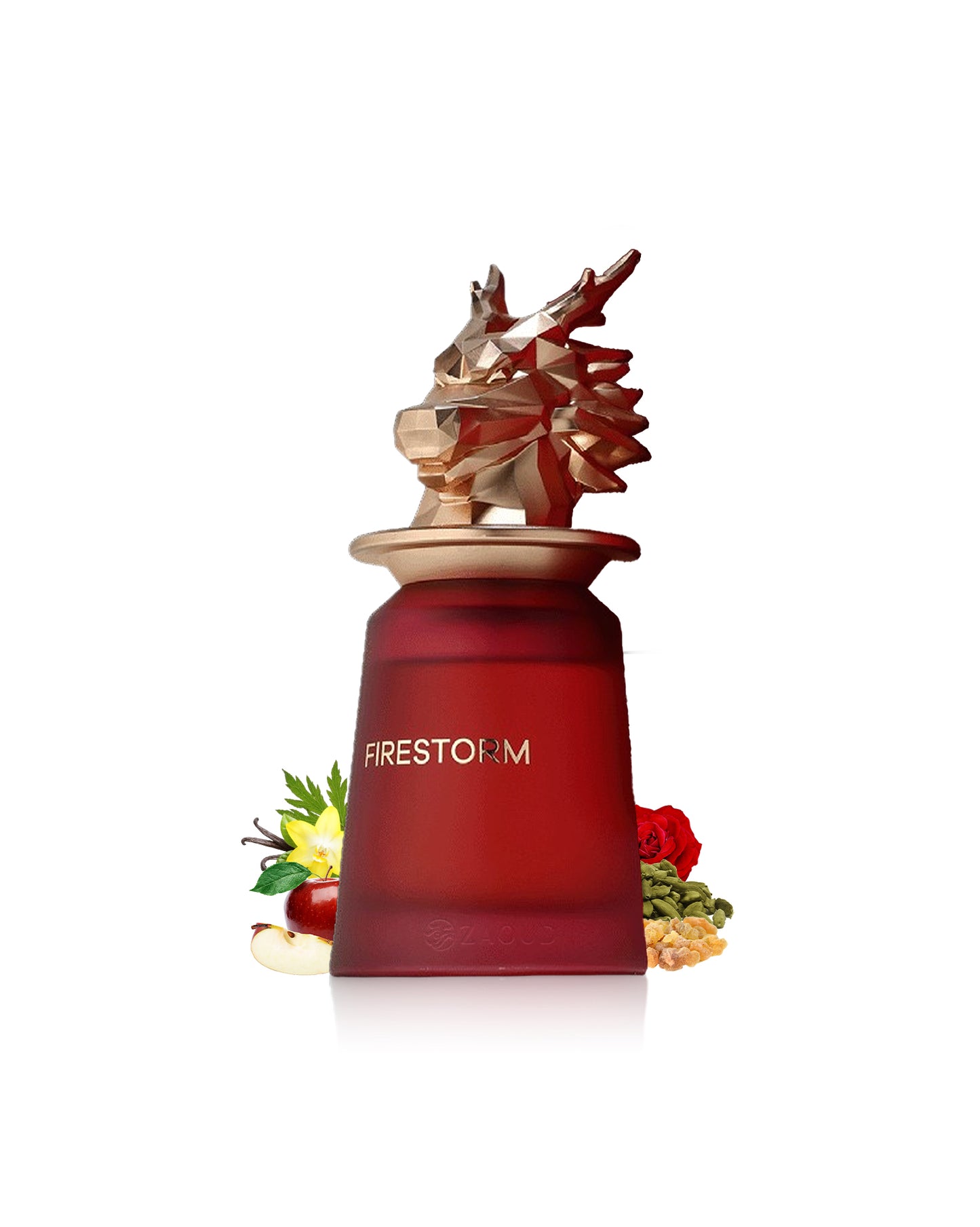 french avenue firestorm Red perfume bottle with intricate gold cap on a white background