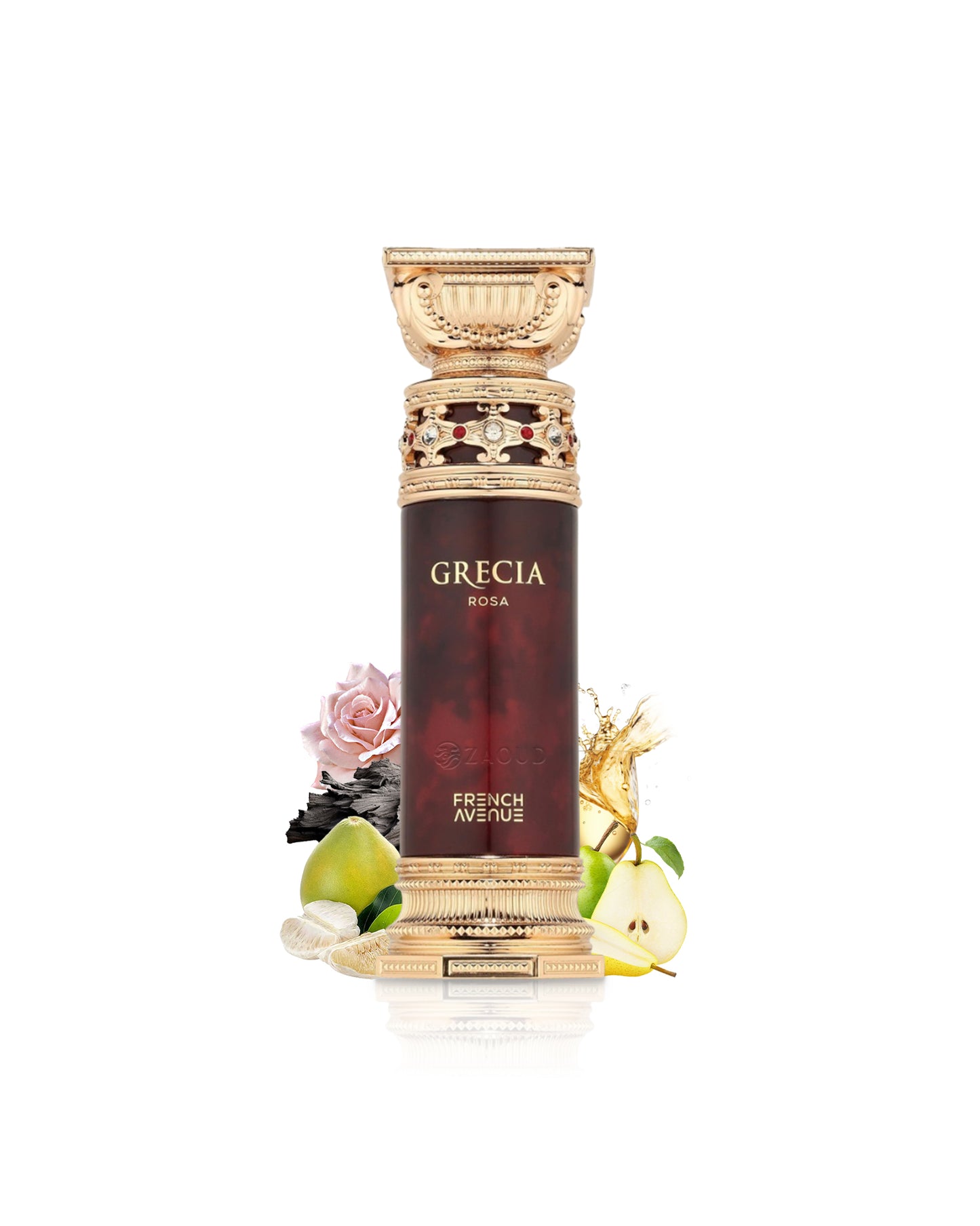 french avenue grecia rosa perfume bottle surrounded by fragrance notes like pear and peony shows against white background