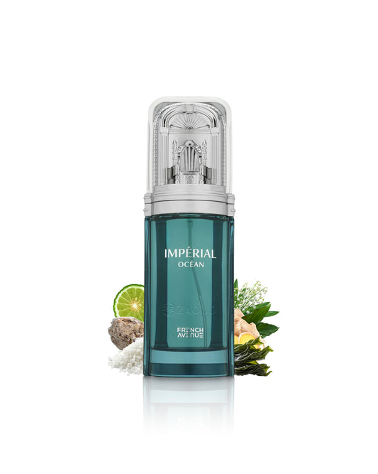 french avenue imperial ocean perfume bottle surrounded with salt and lime shows against white background
