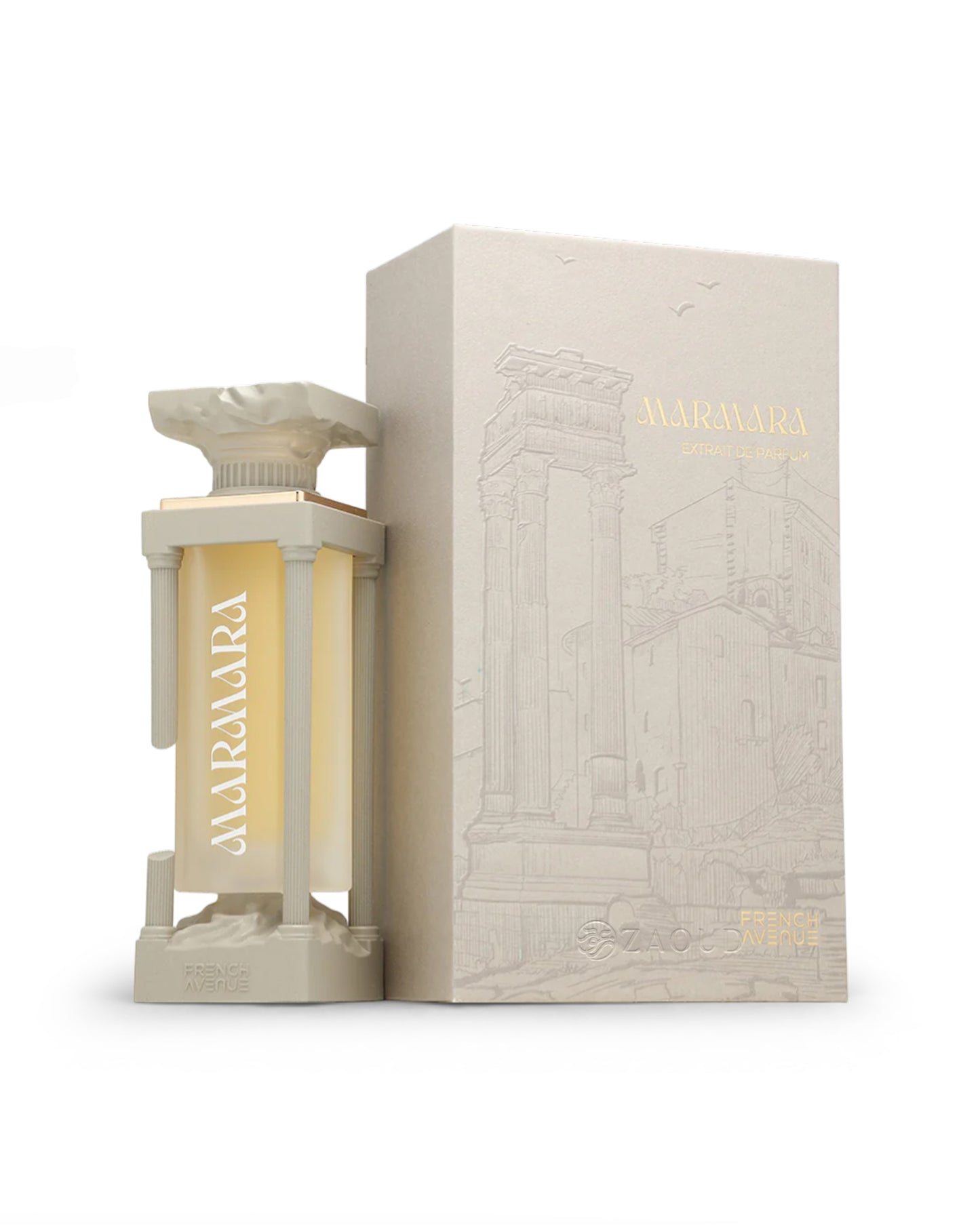 french avenue marmara perfume bottle shows beside packaging against white background