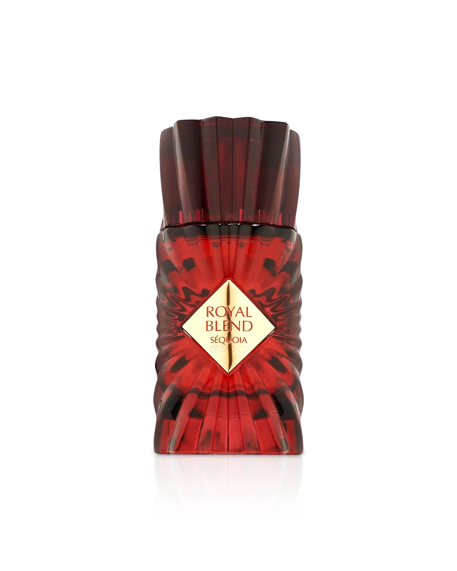french avenue royal blend sequoia Red perfume bottle with gold accents on a white background