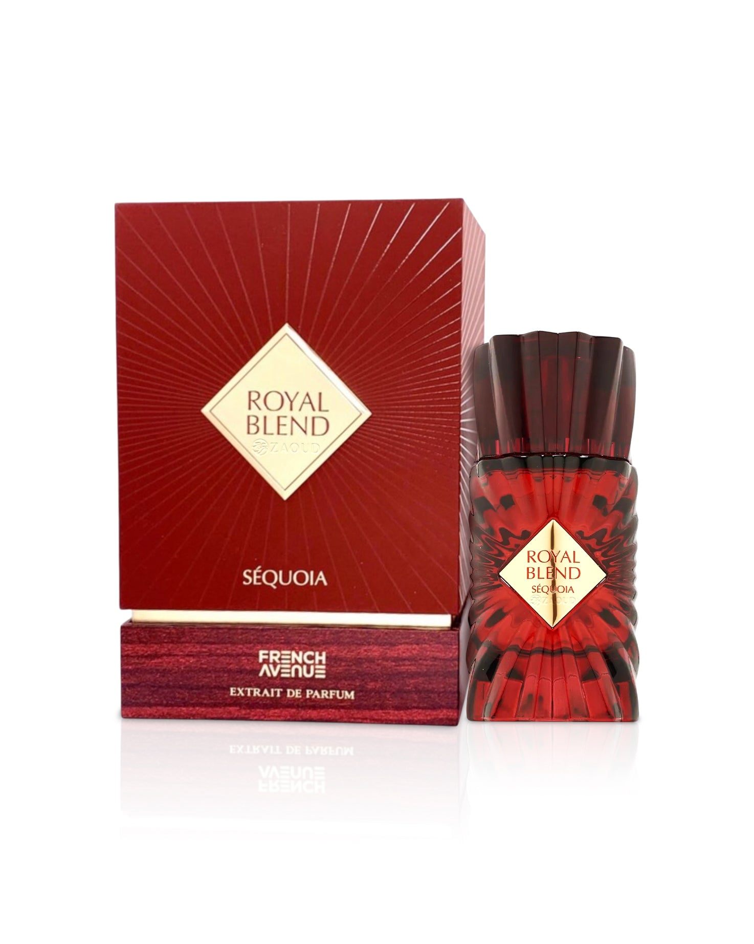 french avenue royal blend sequoia Red perfume bottle and packaging with 'Royal Blend' branding on a white background
