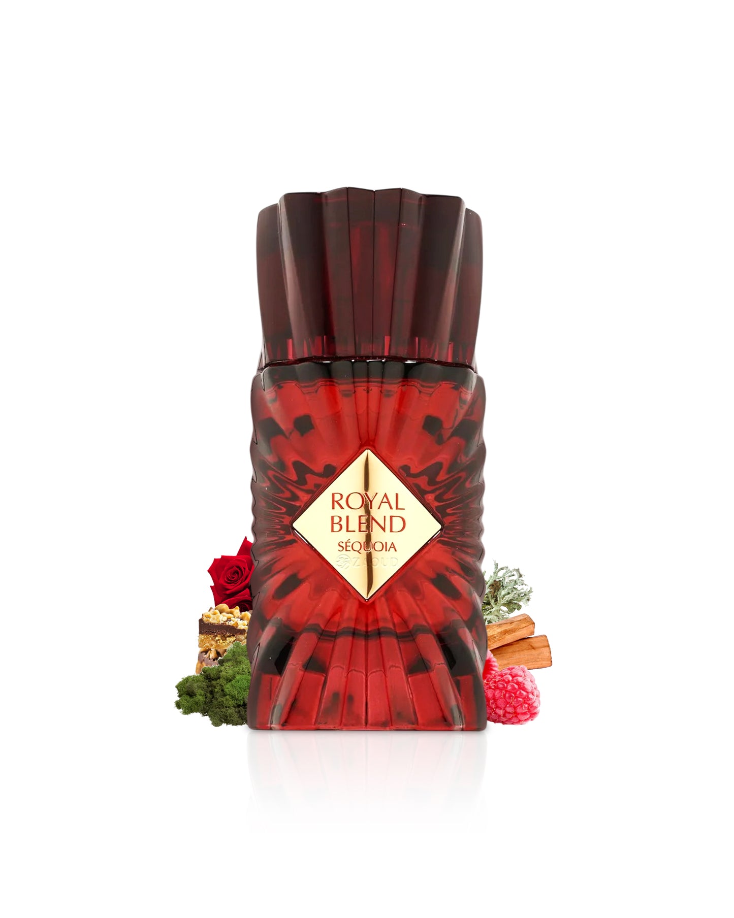 french avenue royal blend sequoia Red and black perfume bottle with fragrance notes like raspberry and rose on a white background