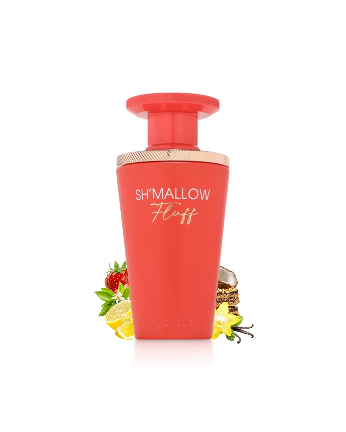 french avenue sh'mallow fluff Red perfume bottle labeled 'Shmallow Fluff' with decorative elements like strawberry and vanilla on a white background